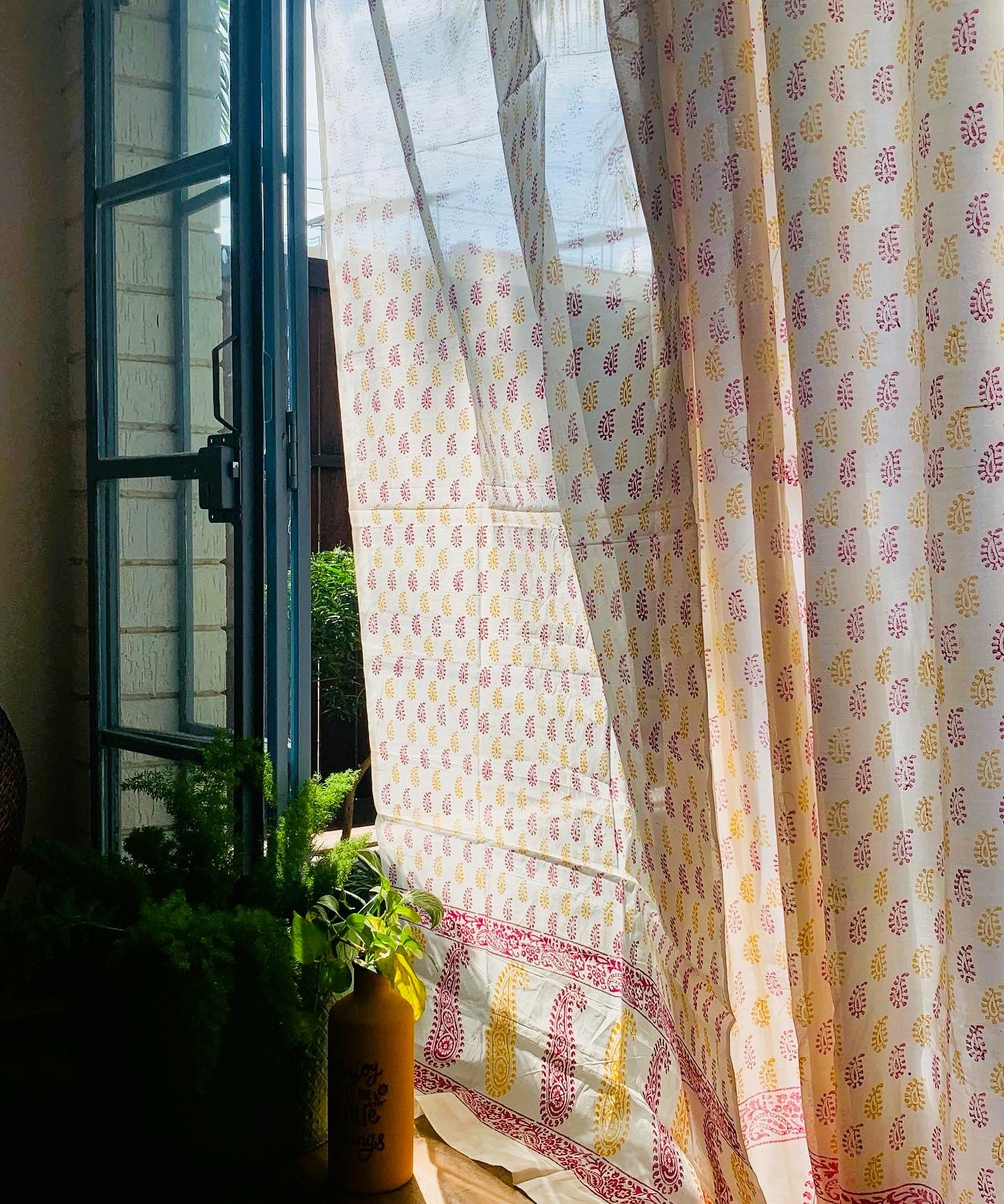 White with pink & yellow paisley Chanderi Curtain (Made to order)