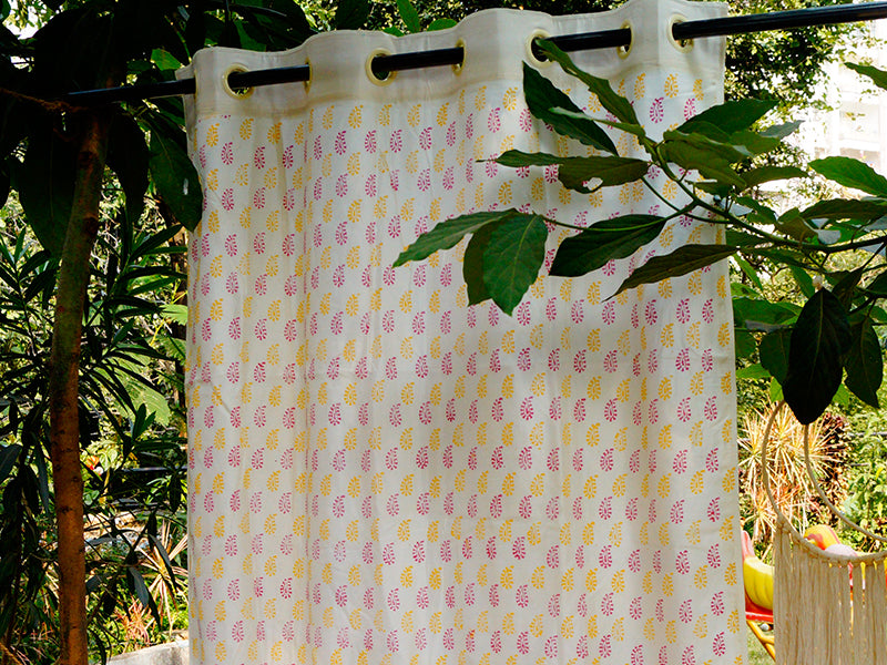 White with pink & yellow paisley Chanderi Curtain (Made to order)