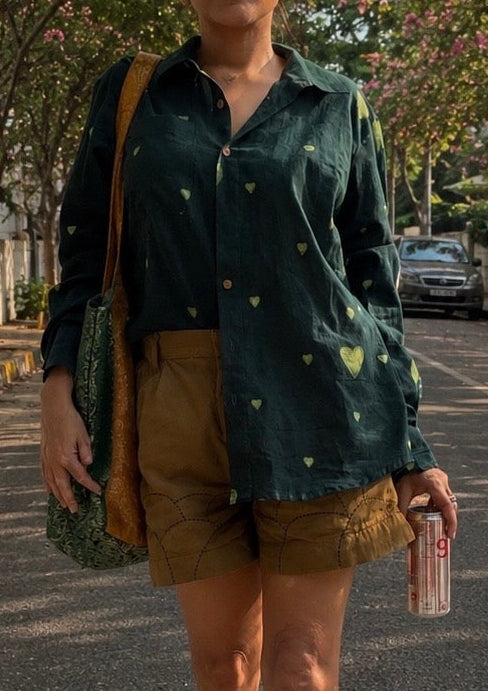 Forest Green Hand-Printed Cotton Shirt