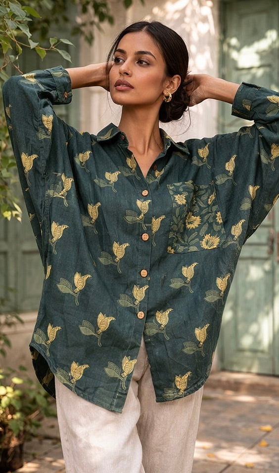 Forest Green -Indigo Handblock Printed Cotton Shirt