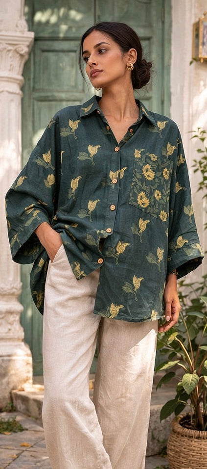 Forest Green -Indigo Handblock Printed Cotton Shirt