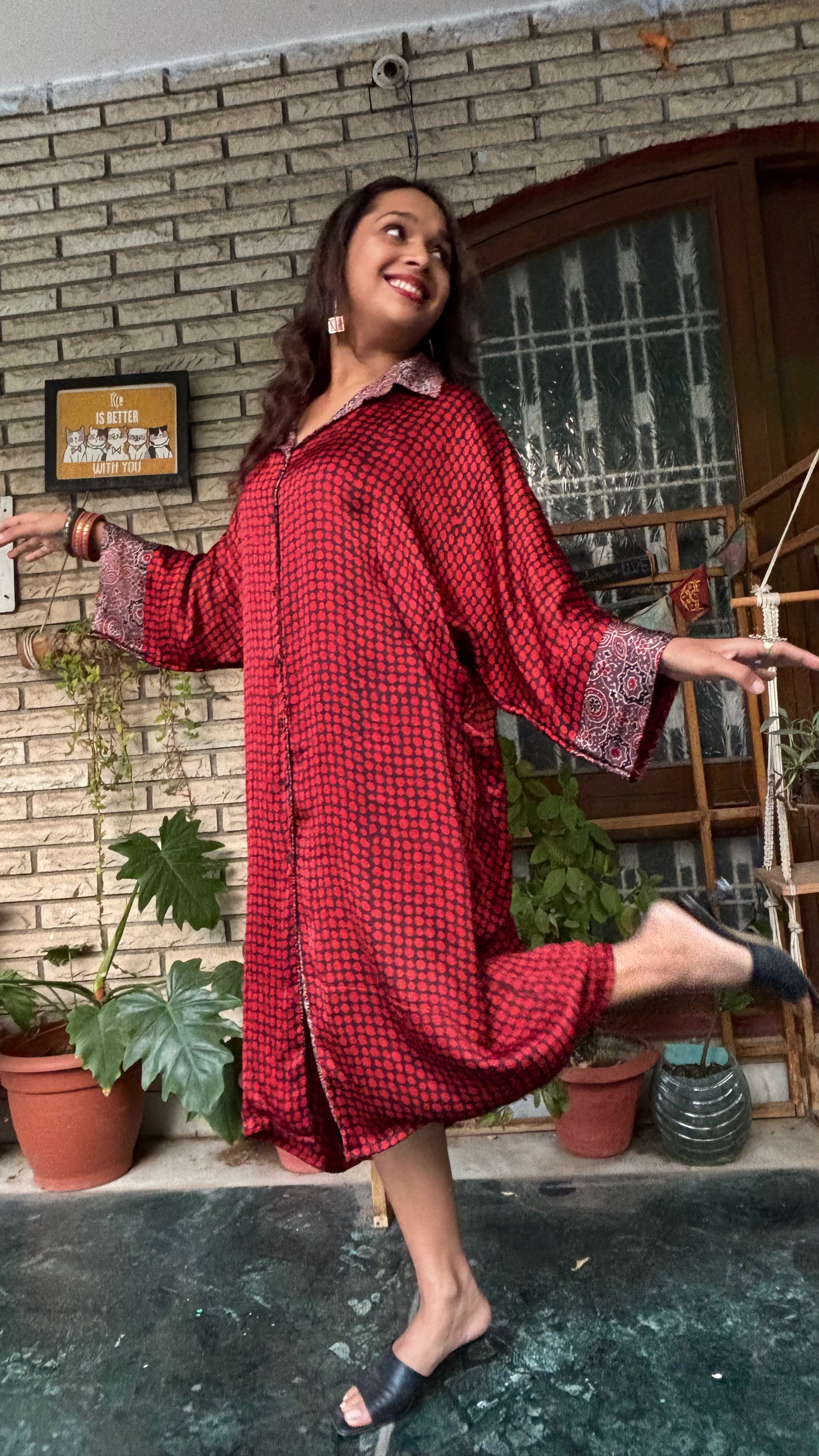 Red Modal Silk Shirt Dress