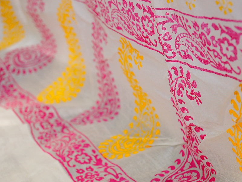 White with pink & yellow paisley Chanderi Curtain (Made to order)