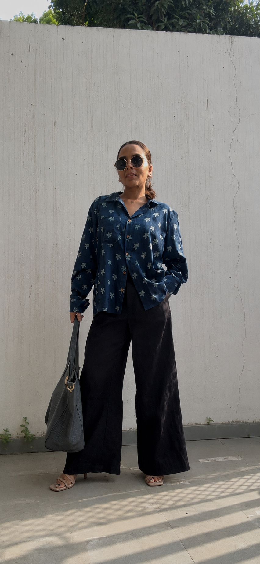 Indigo Floral  Hand Block Printed Cotton Shirt