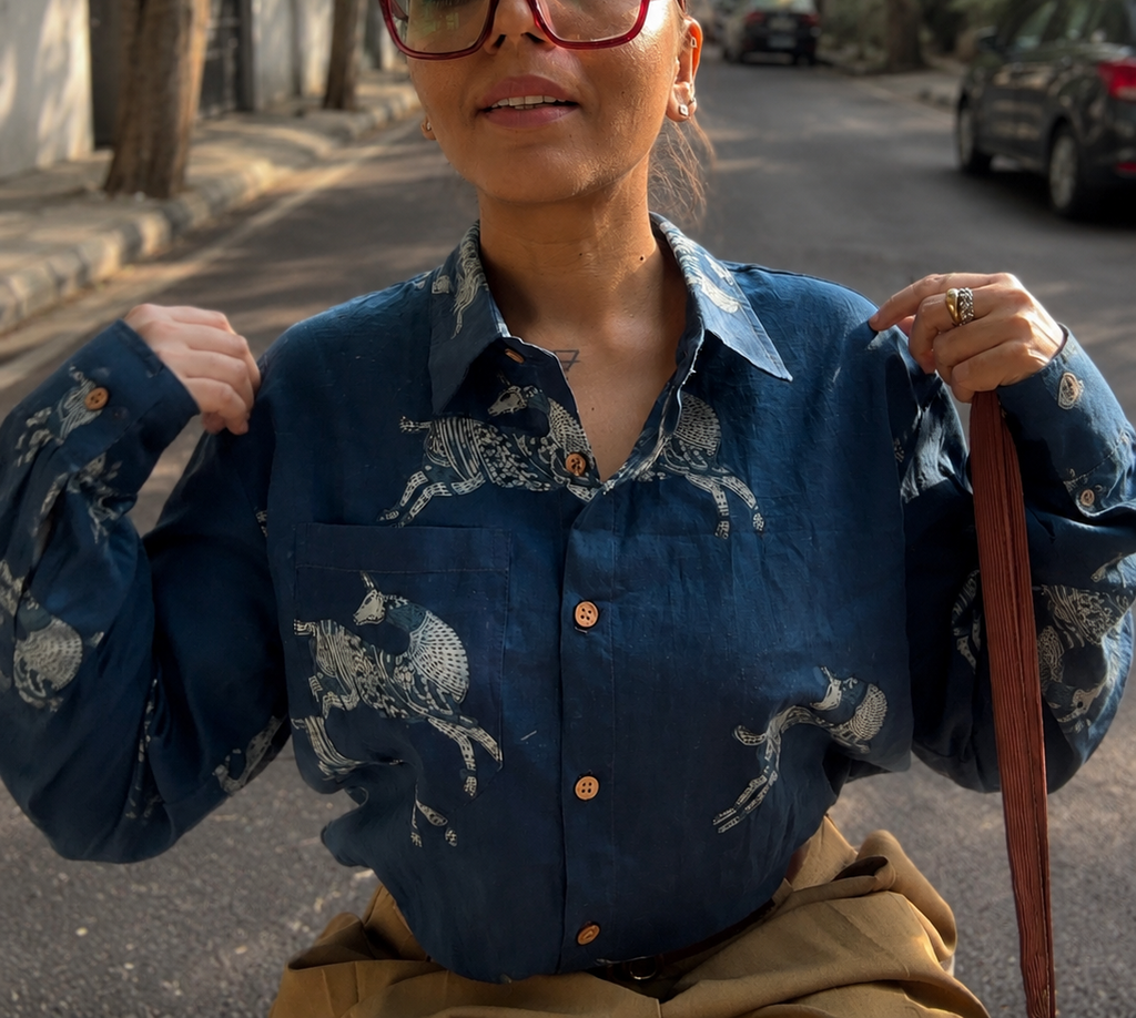 Indigo Deer  Hand Block Printed Cotton Shirt