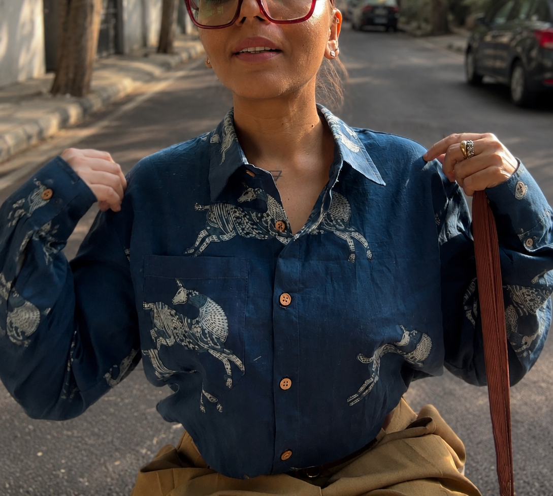 Indigo Deer  Hand Block Printed Cotton Shirt