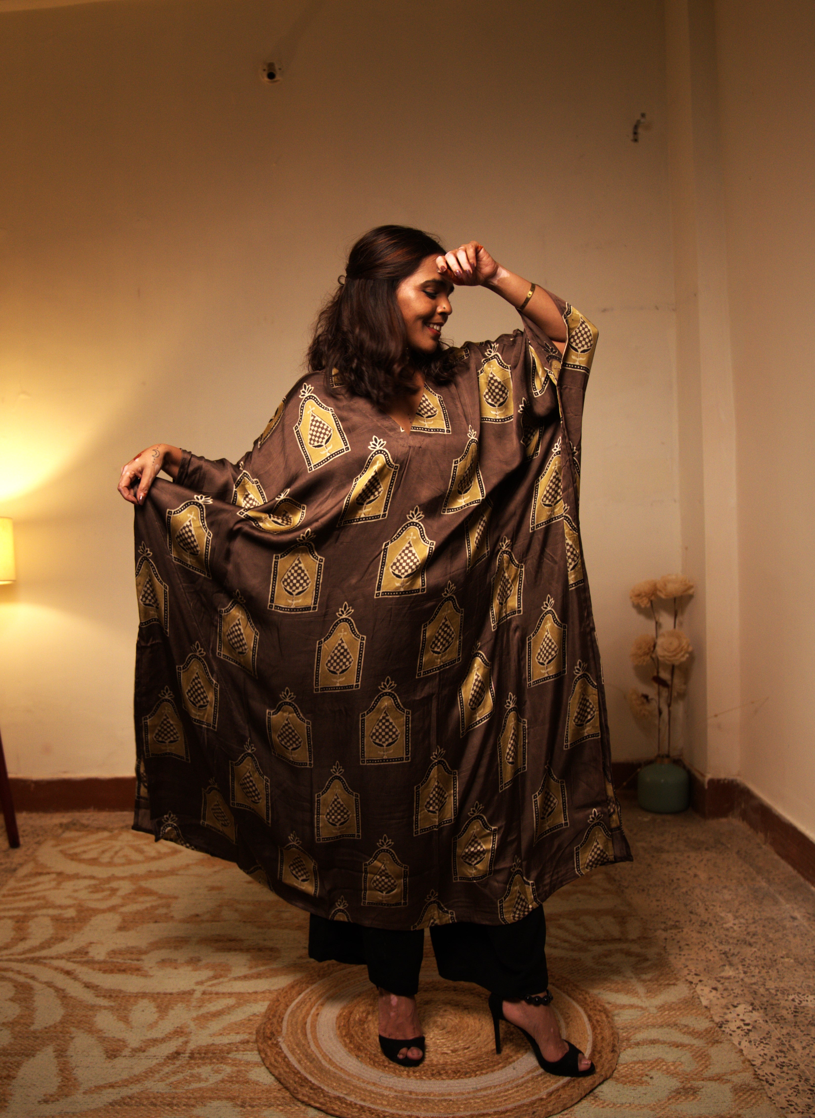 Jugni-Brown Modal Silk Kaftan with Subtle Motifs