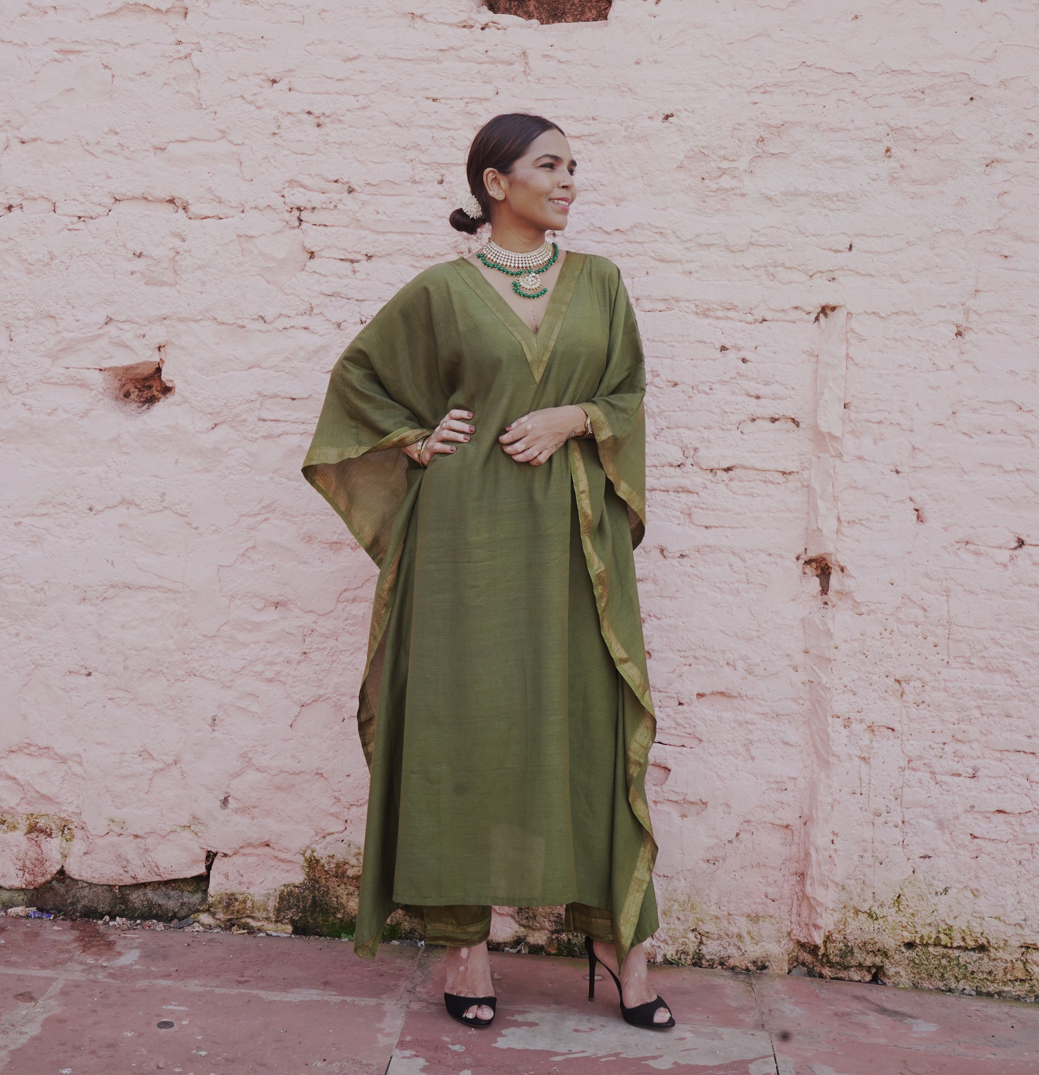त्यौहार Olive Green Banana Silk Kaftan & Pants Set