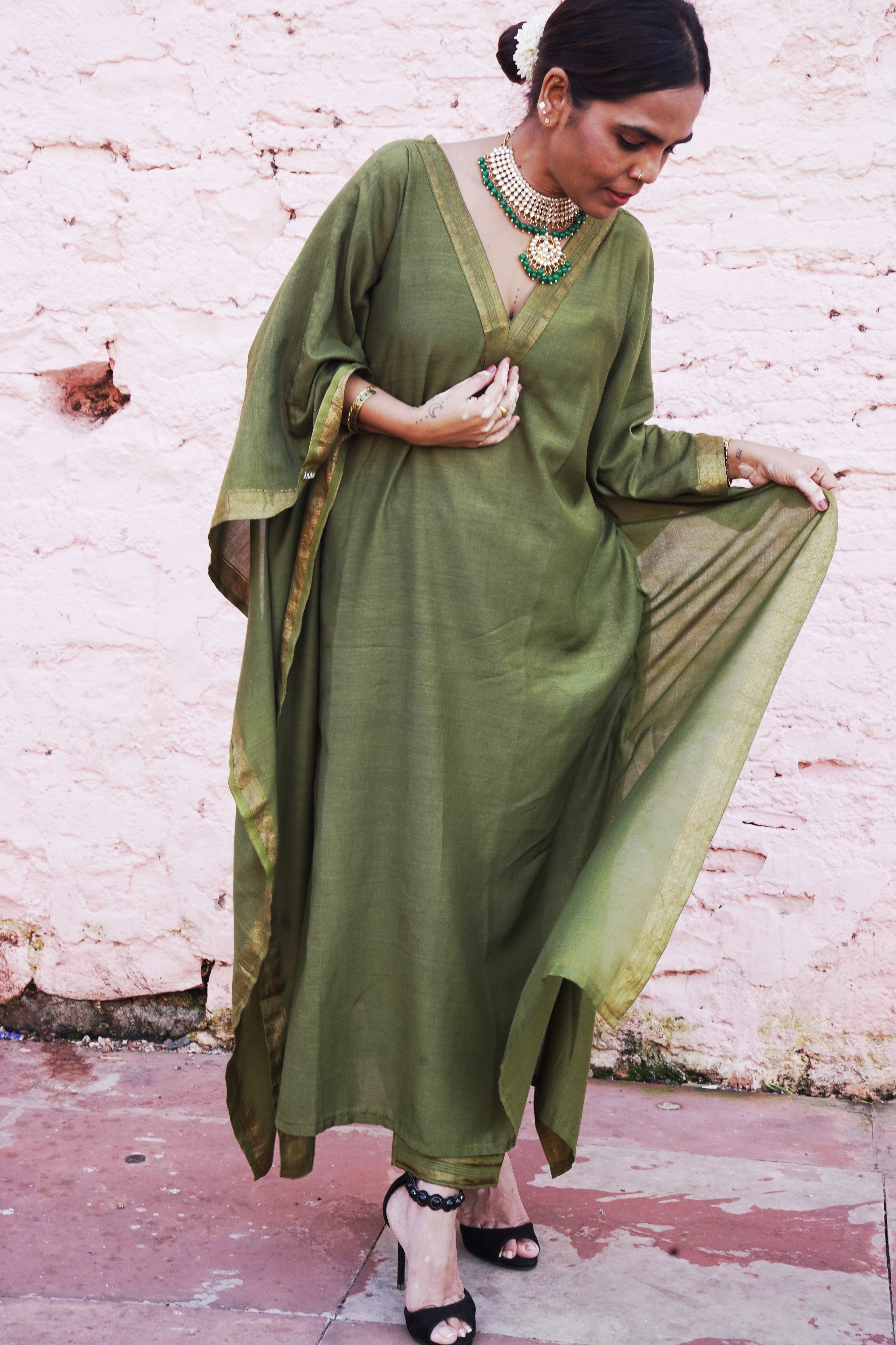 त्यौहार Olive Green Banana Silk Kaftan & Pants Set