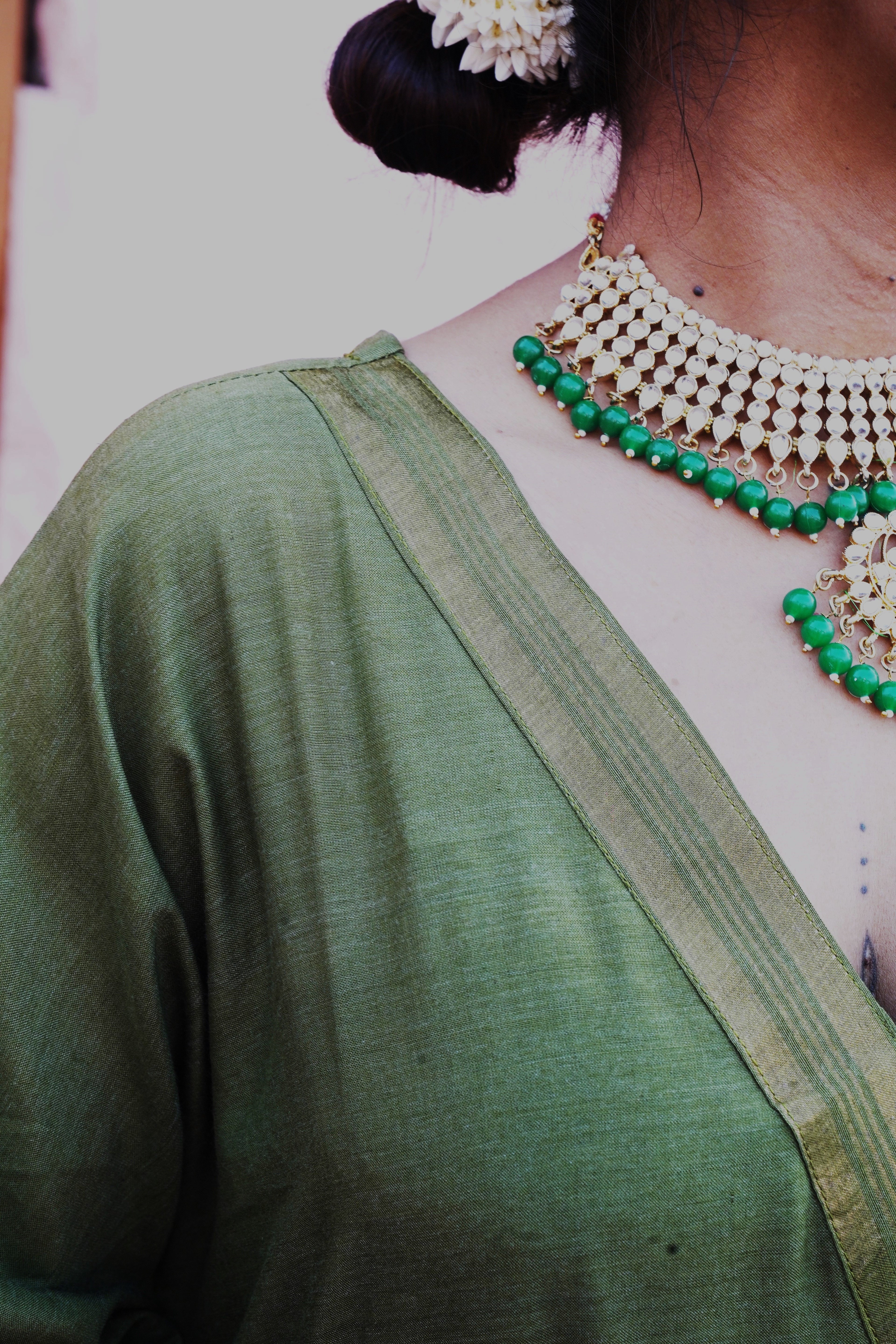 त्यौहार Olive Green Banana Silk Kaftan & Pants Set