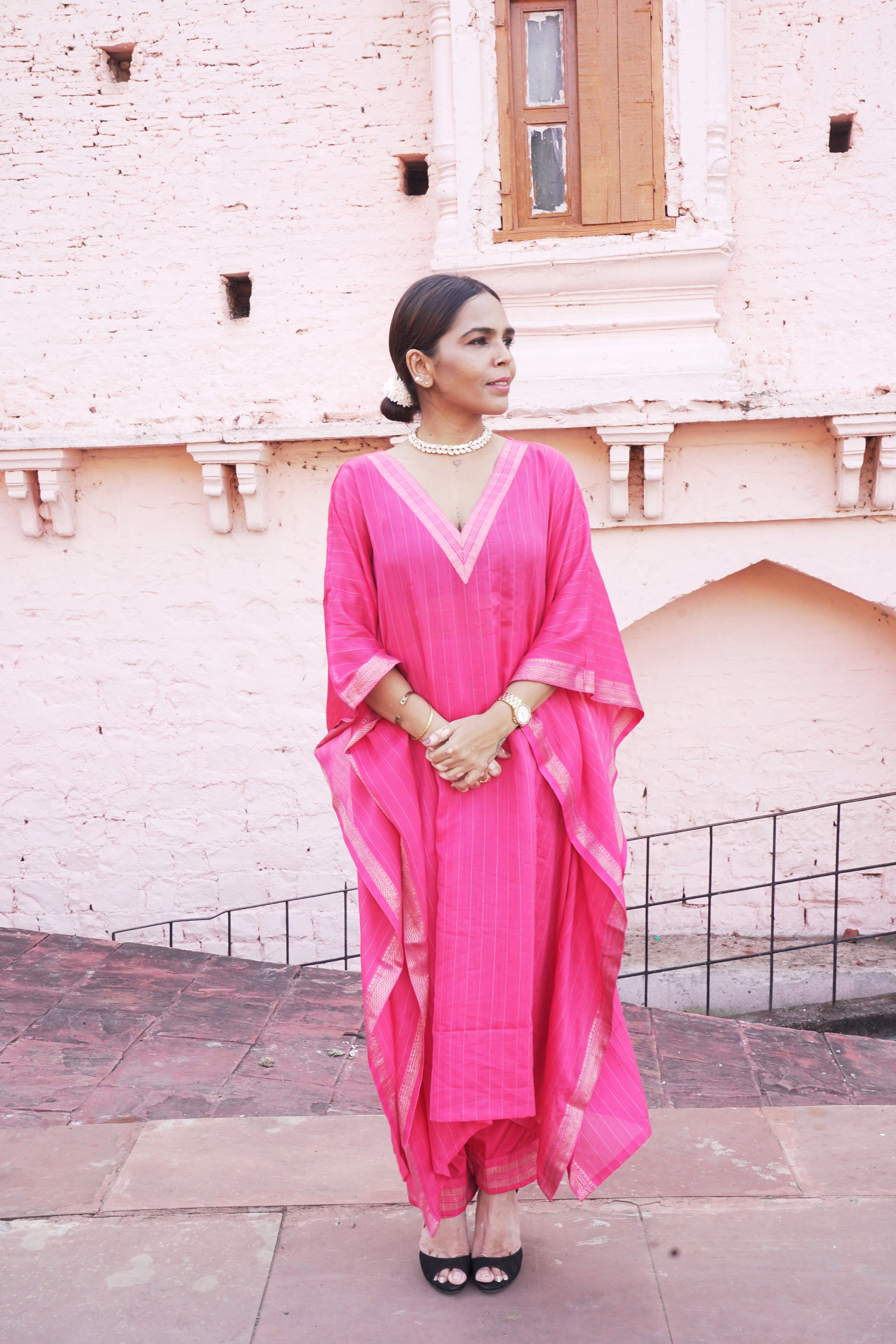 त्यौहार Pink Banana Silk Kaftan & Pants Set