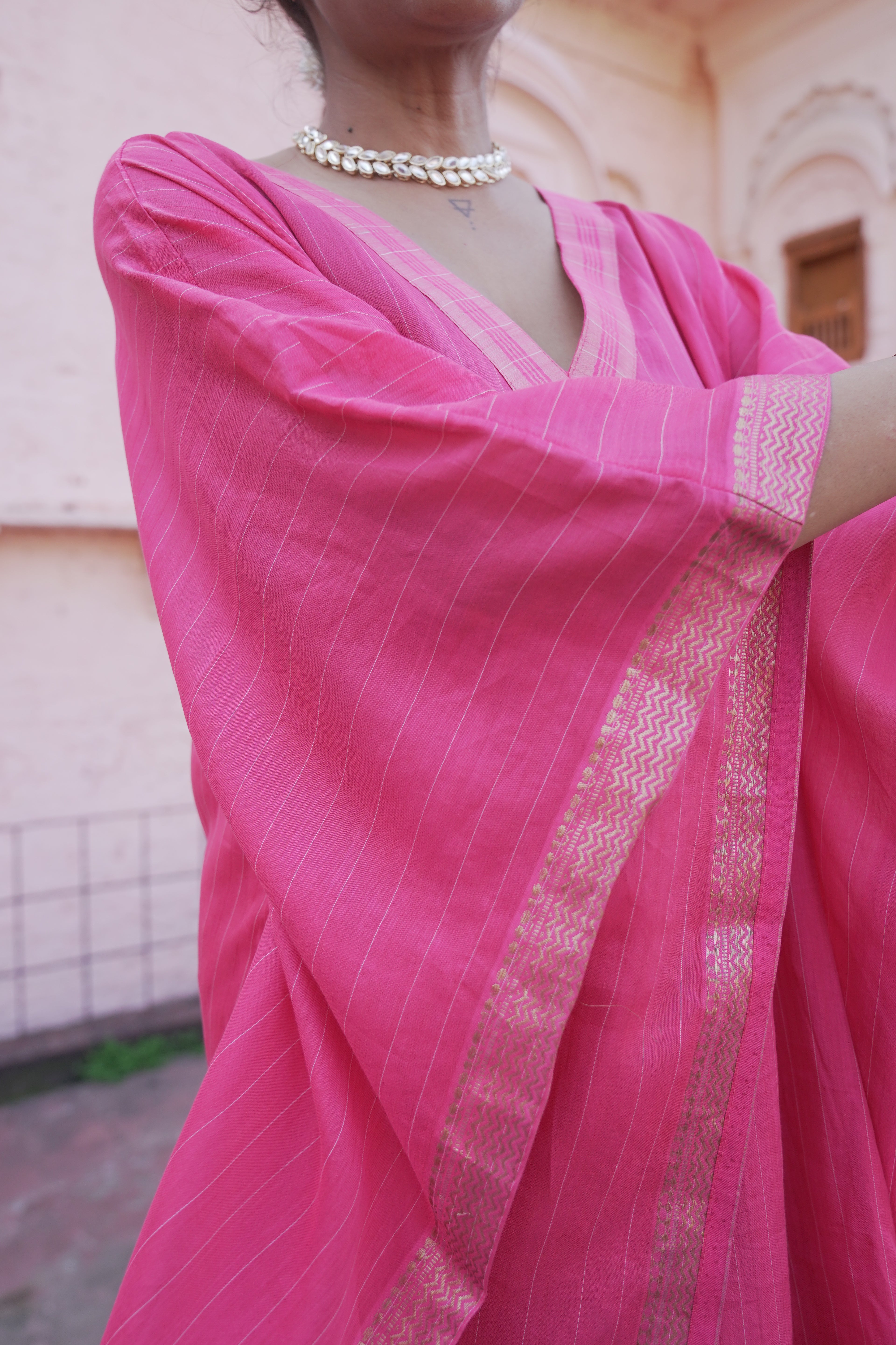 त्यौहार Pink Banana Silk Kaftan & Pants Set
