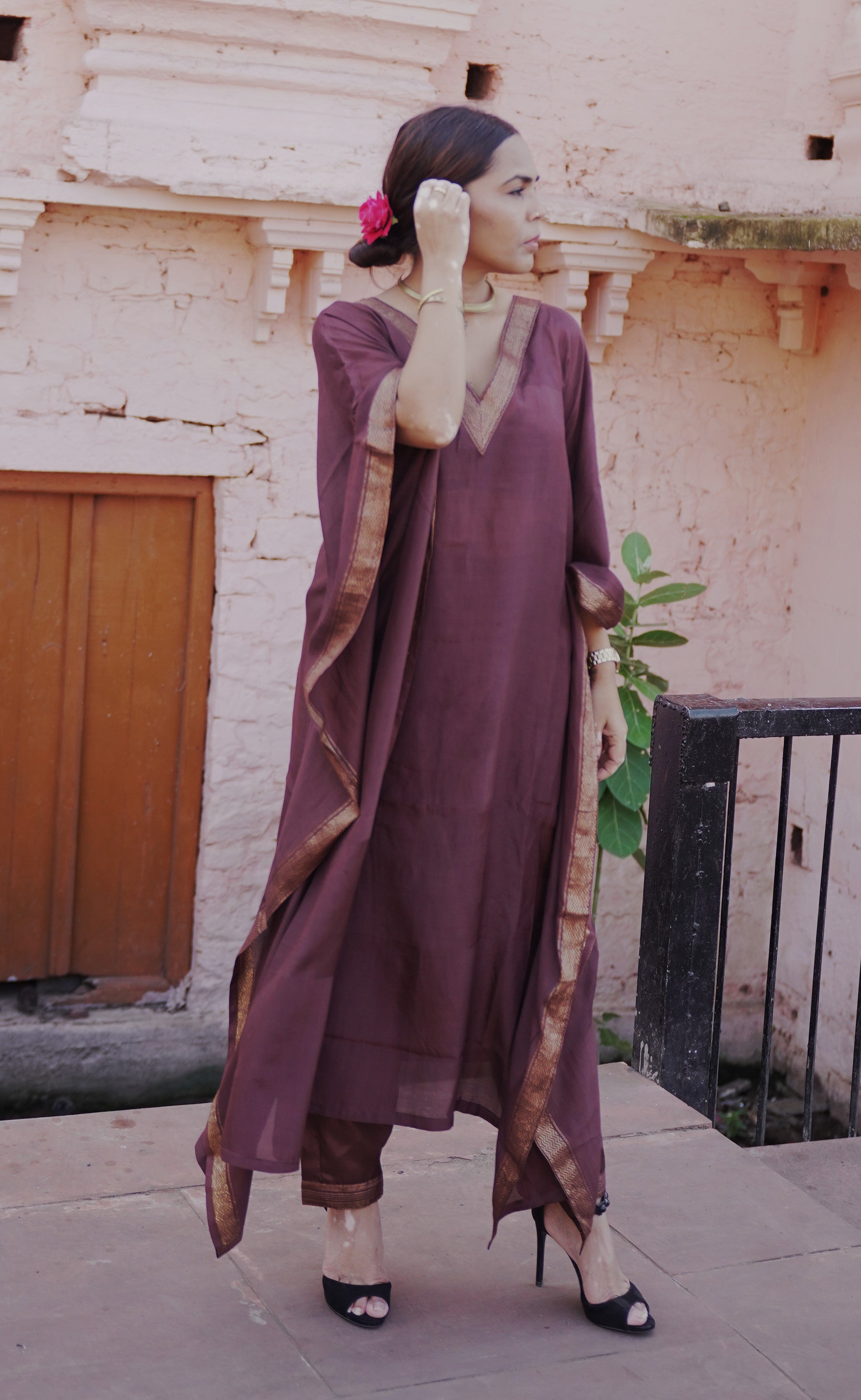 त्यौहार - Brown banana Silk Kaftan & Pants Set