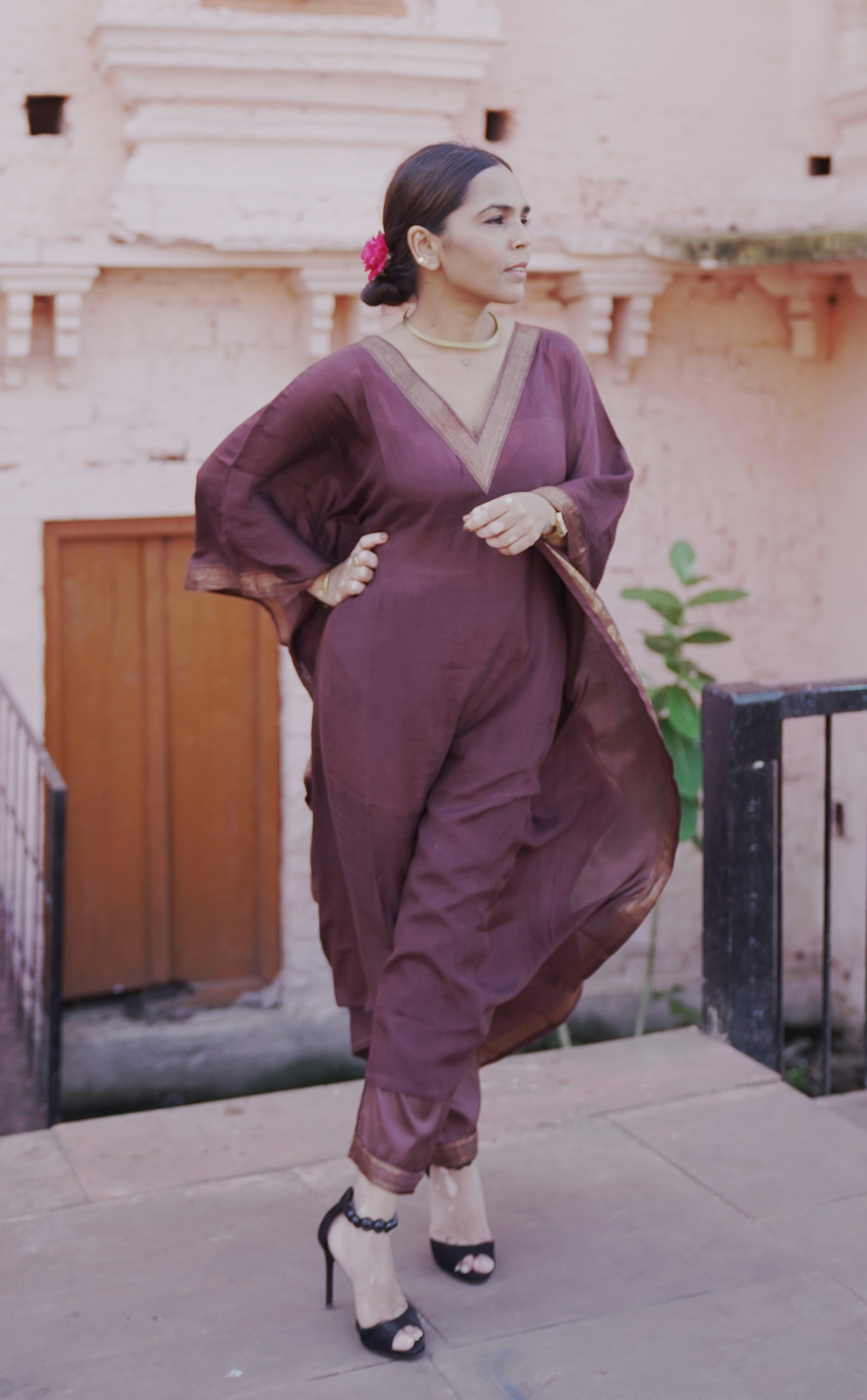 त्यौहार - Brown banana Silk Kaftan & Pants Set