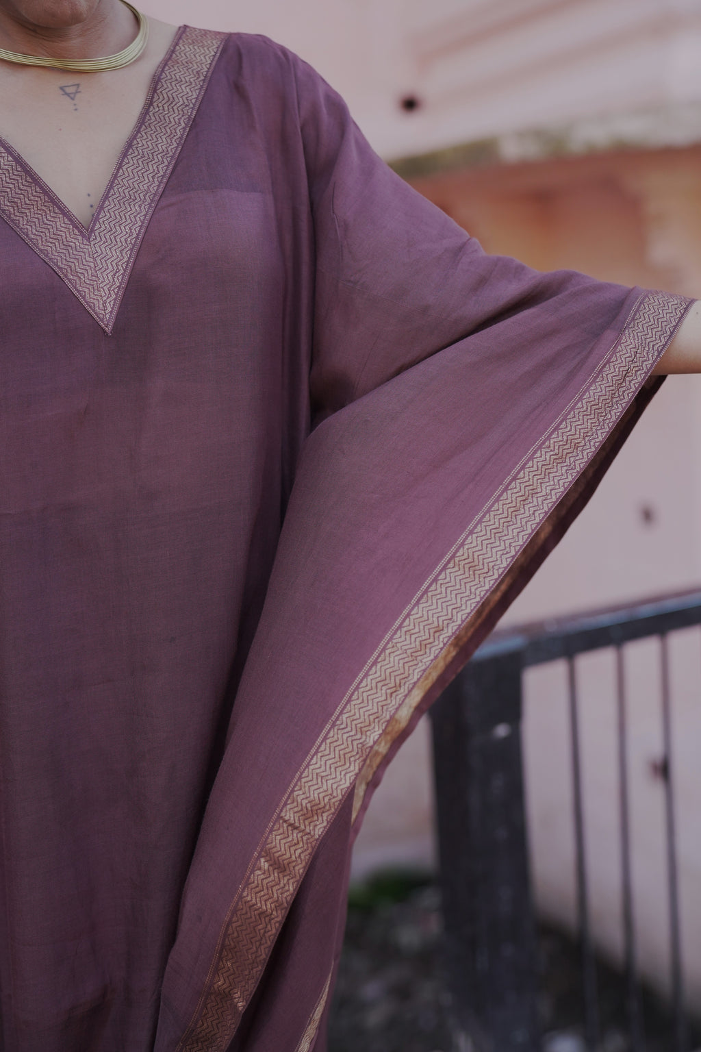 त्यौहार - Brown banana Silk Kaftan & Pants Set