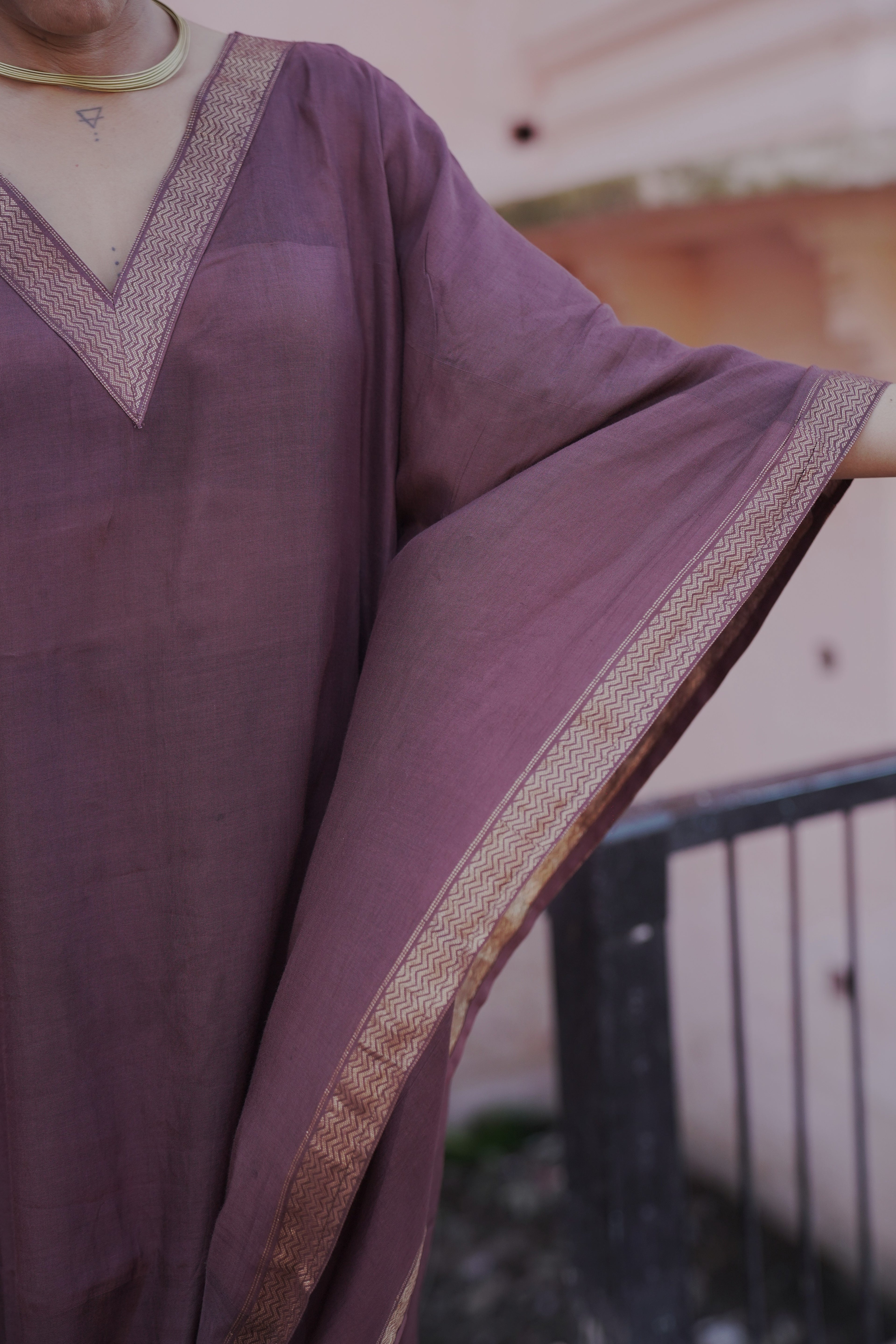 त्यौहार - Brown banana Silk Kaftan & Pants Set