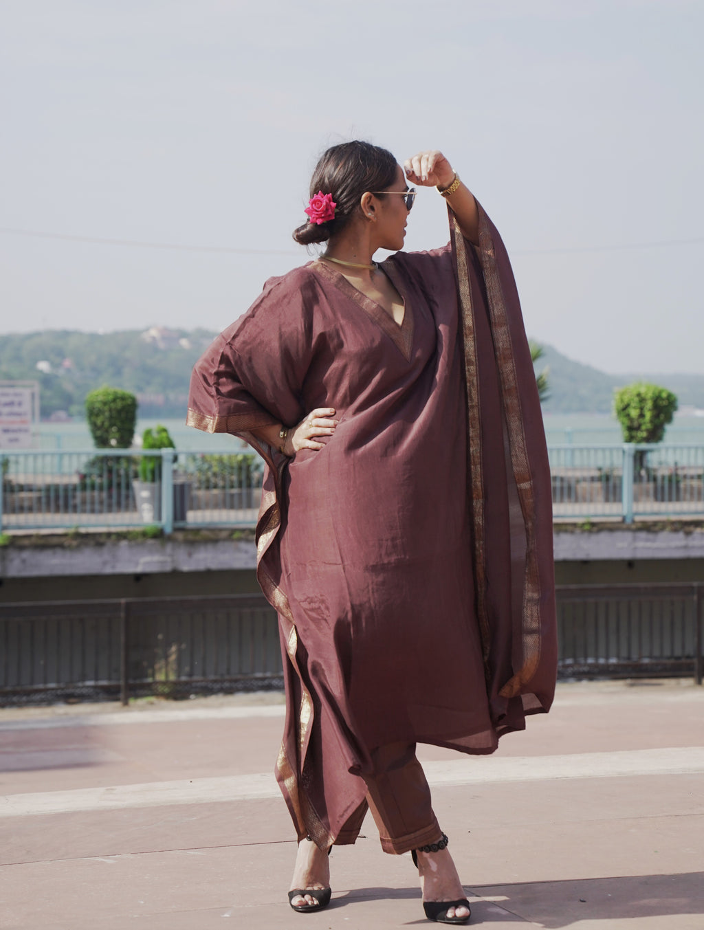 त्यौहार - Brown banana Silk Kaftan & Pants Set