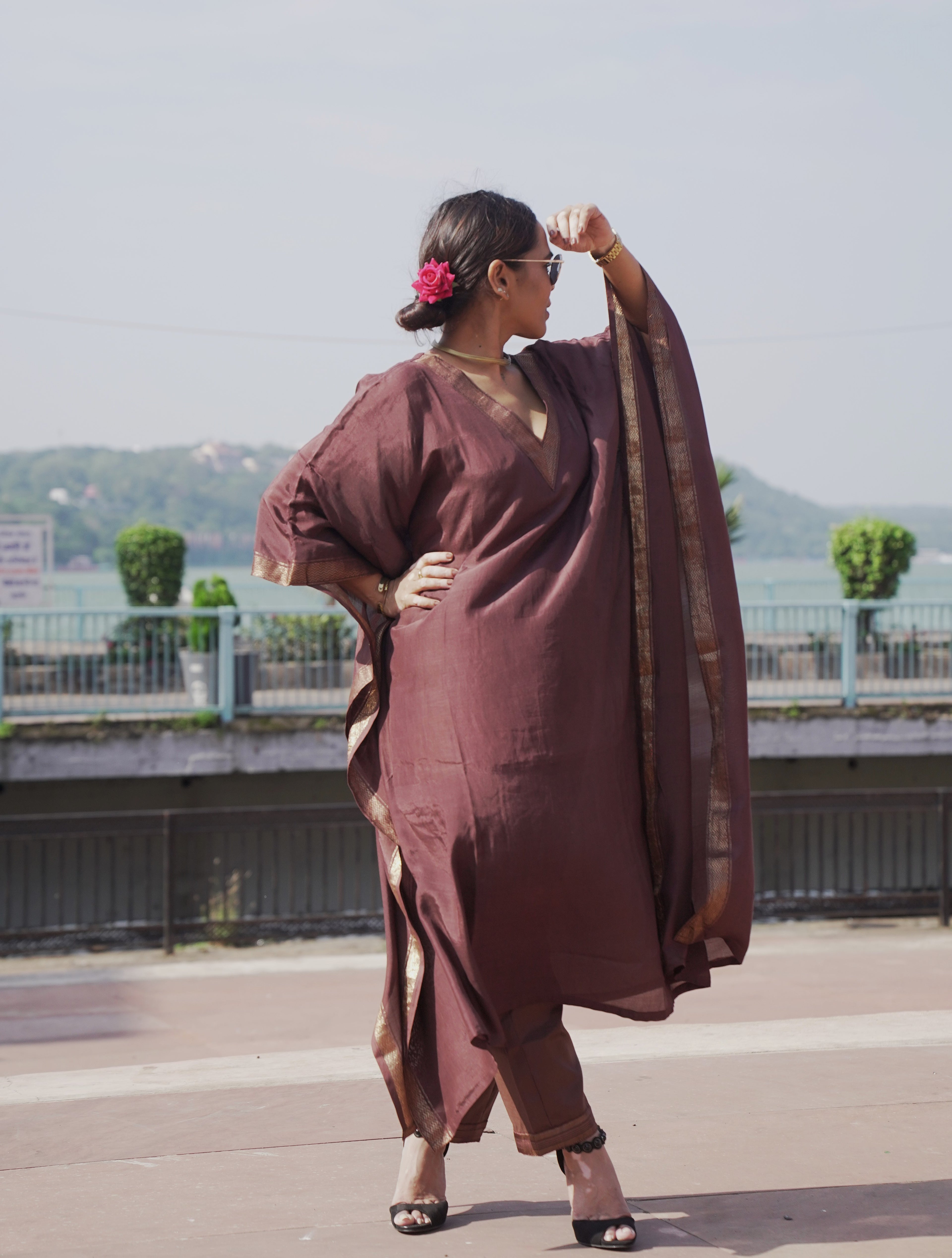 त्यौहार - Brown banana Silk Kaftan & Pants Set
