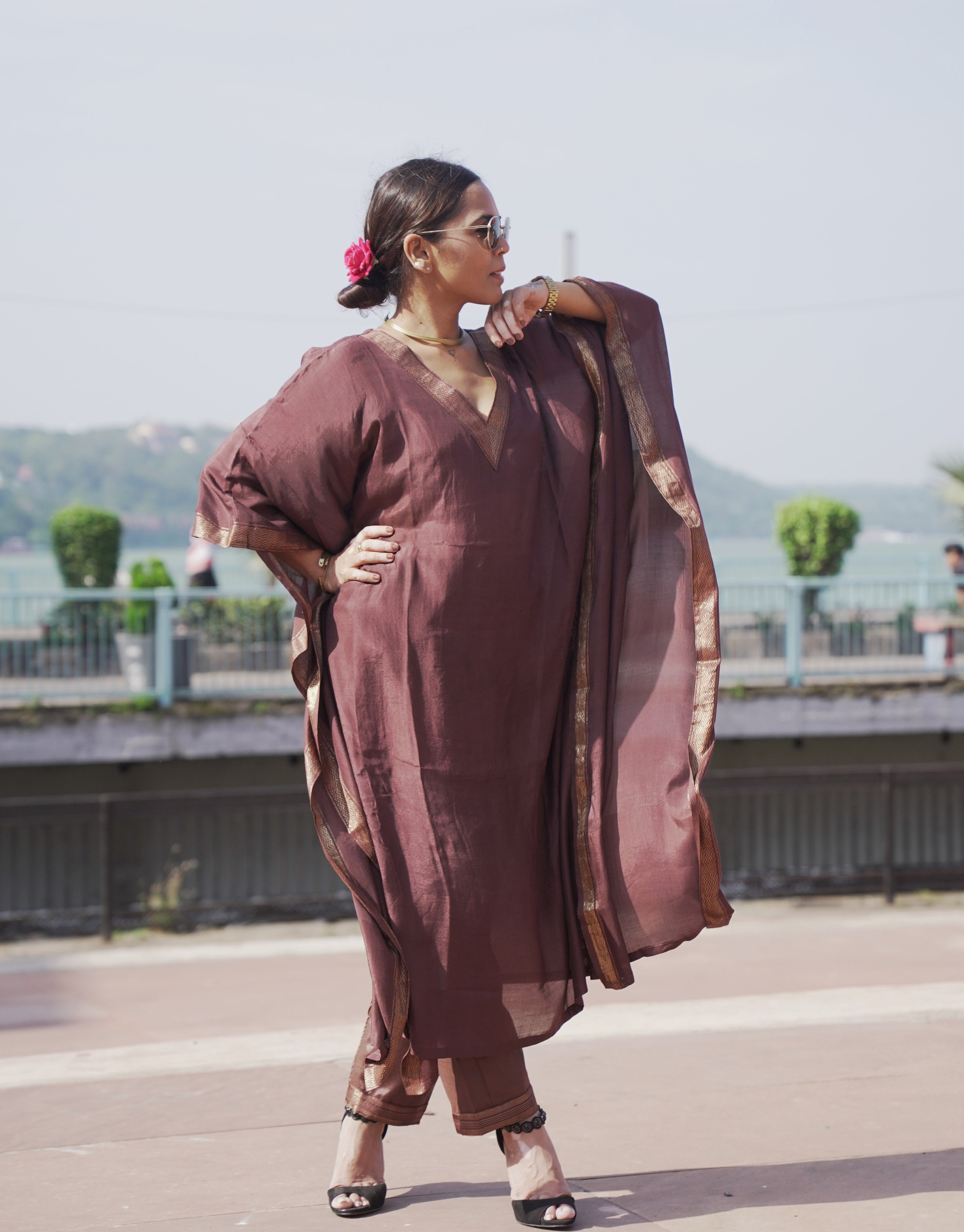 त्यौहार - Brown banana Silk Kaftan & Pants Set