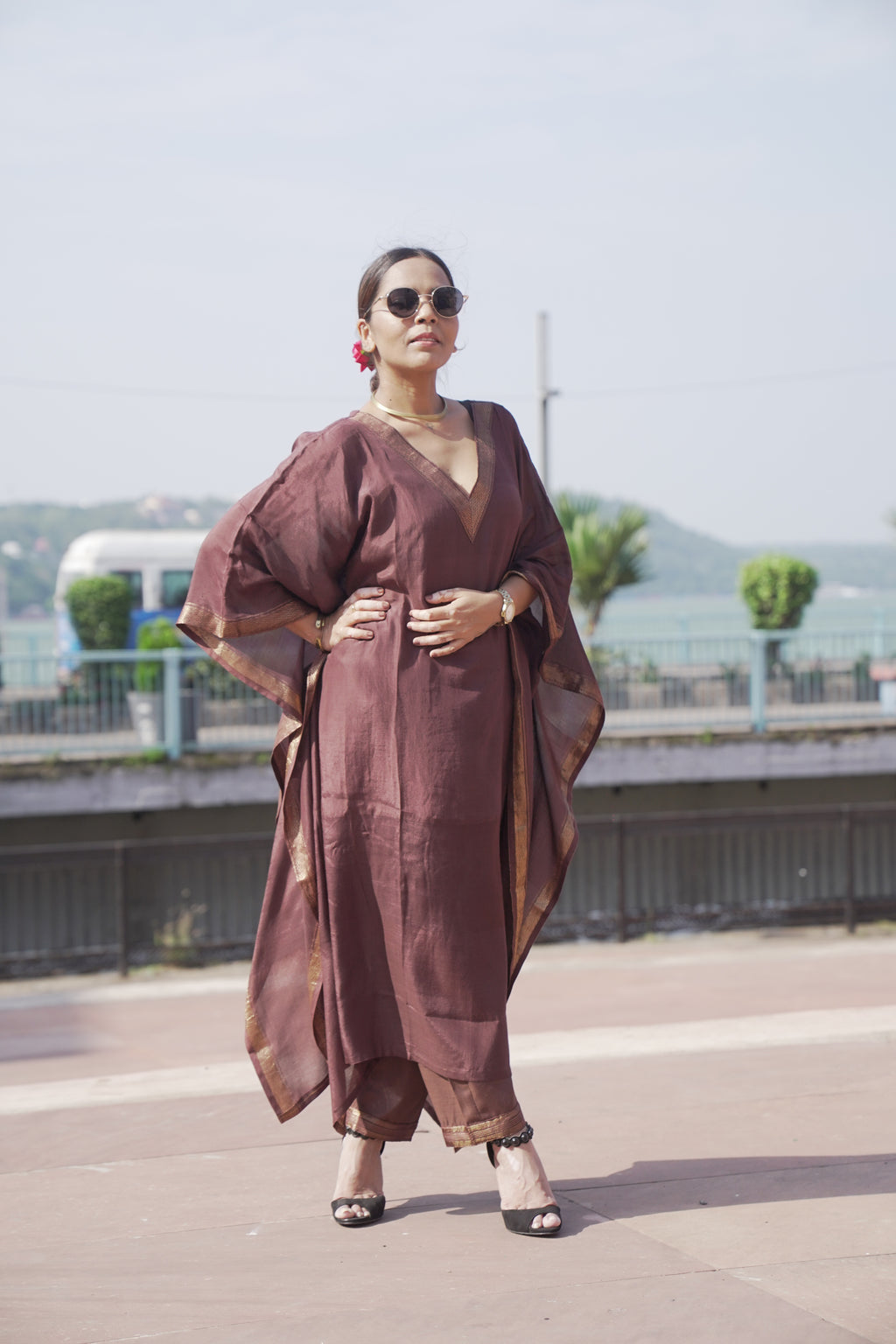 त्यौहार - Brown banana Silk Kaftan & Pants Set