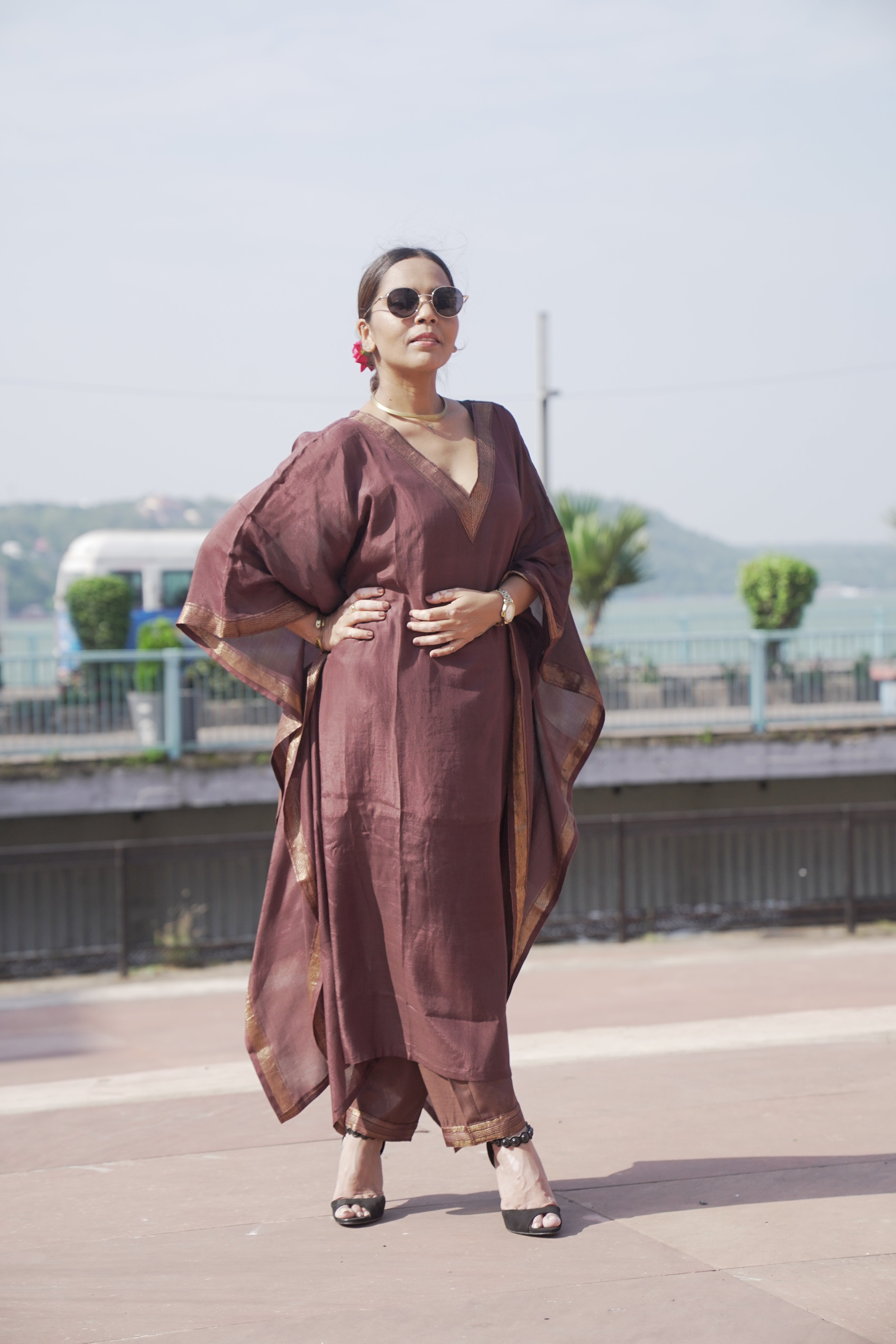 त्यौहार - Brown banana Silk Kaftan & Pants Set