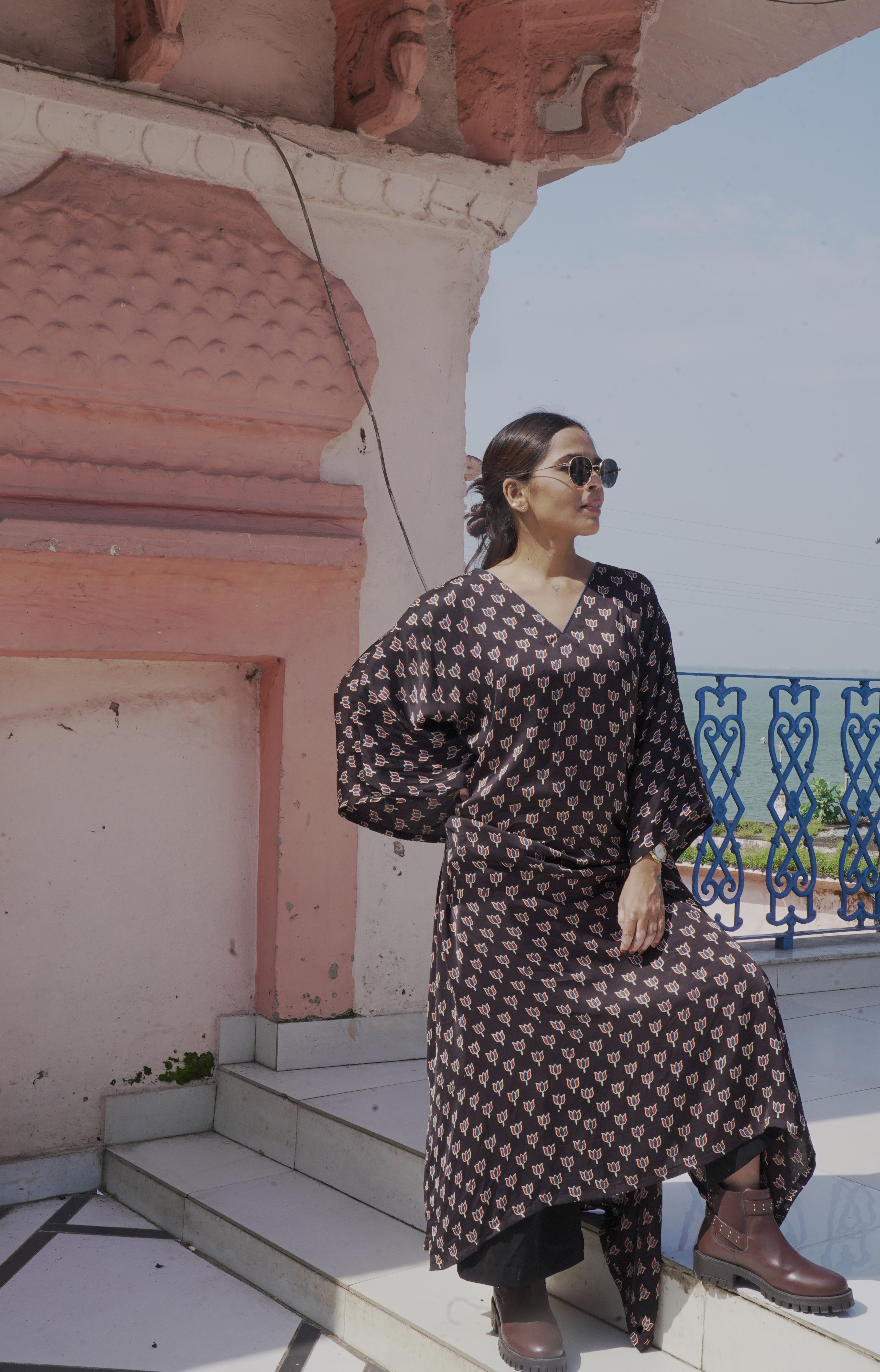 Jugni - Black lotus printed Silk Kaftan
