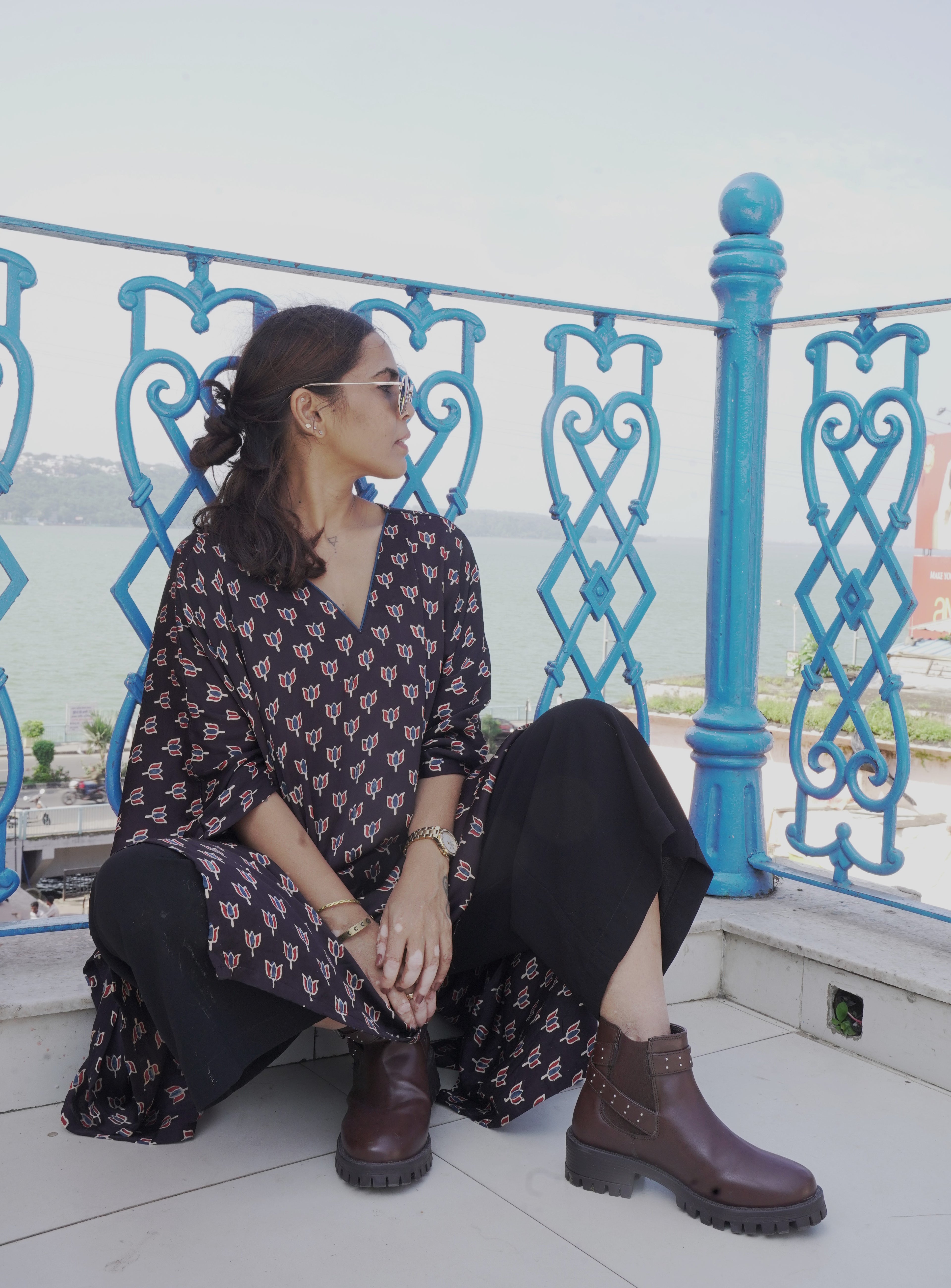 Jugni - Black lotus printed Silk Kaftan