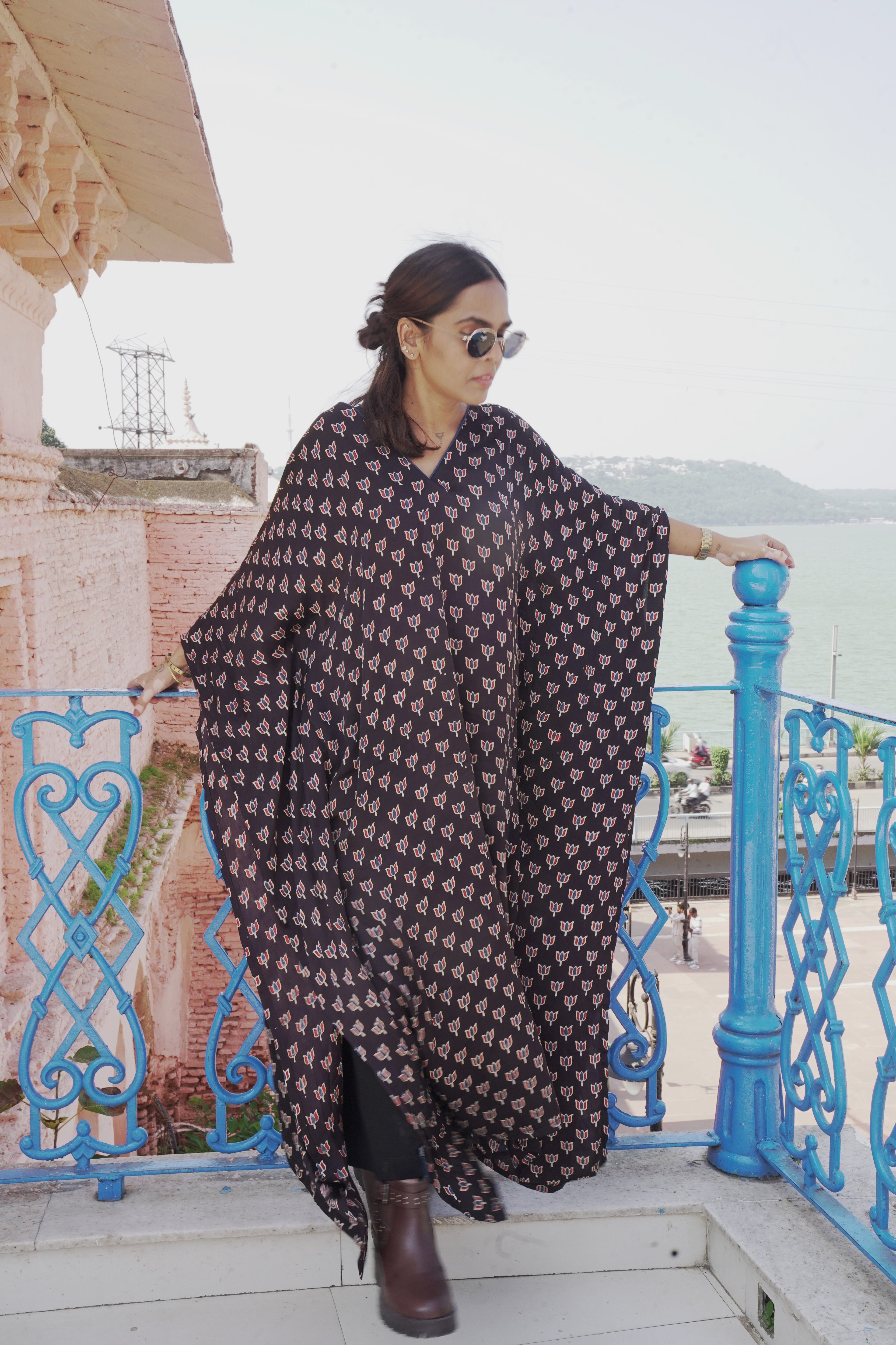 Jugni - Black lotus printed Silk Kaftan