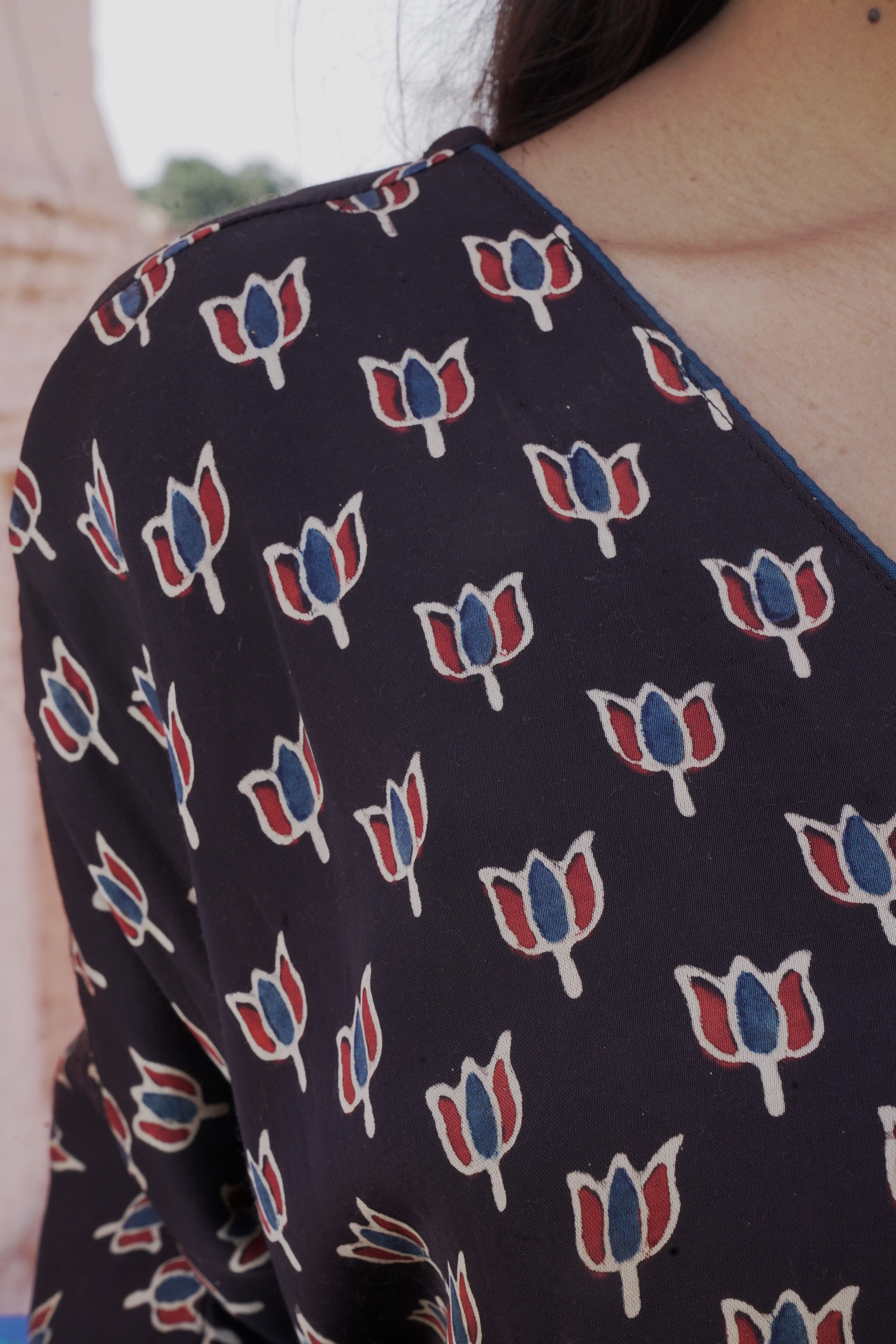 Jugni - Black lotus printed Silk Kaftan