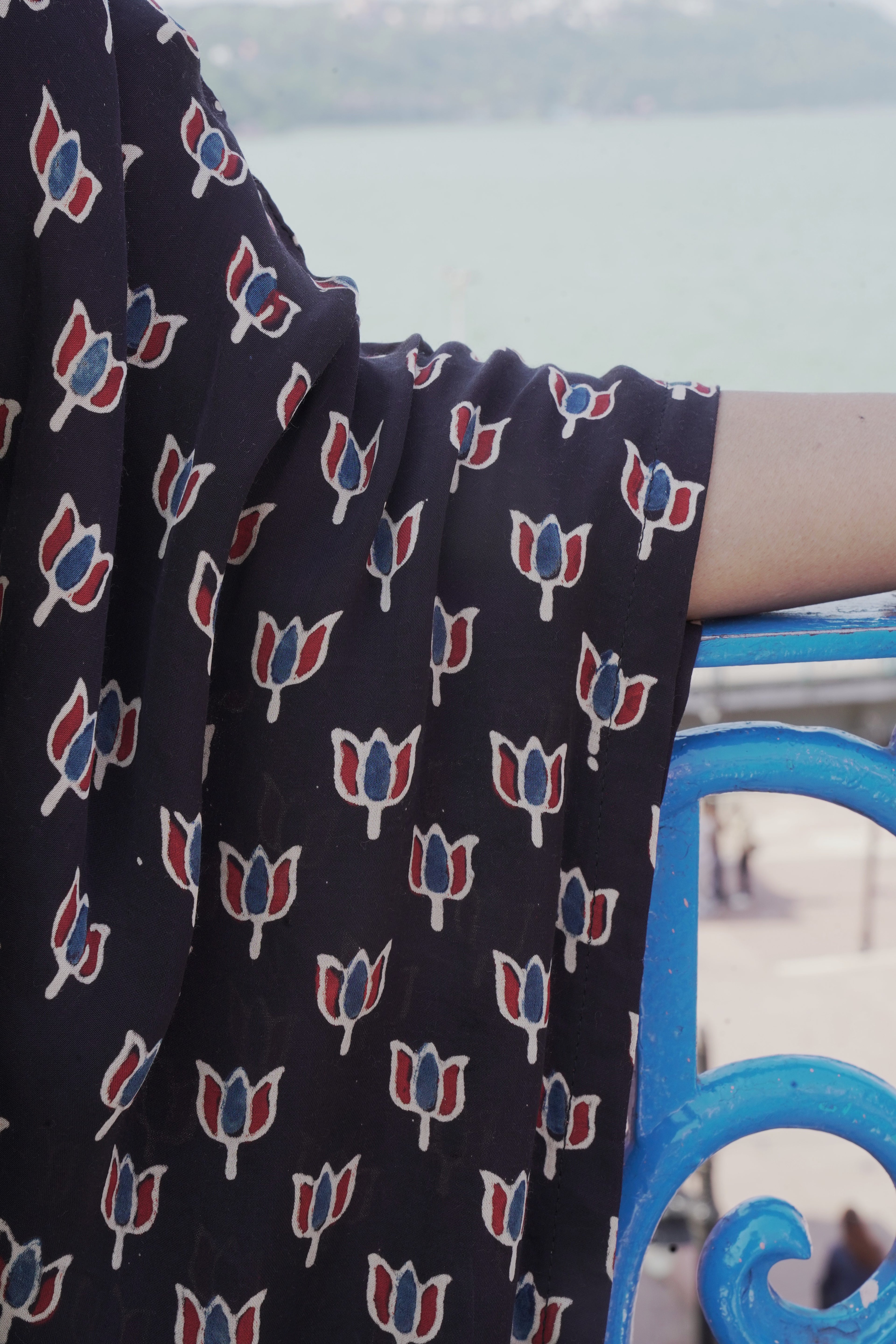 Jugni - Black lotus printed Silk Kaftan