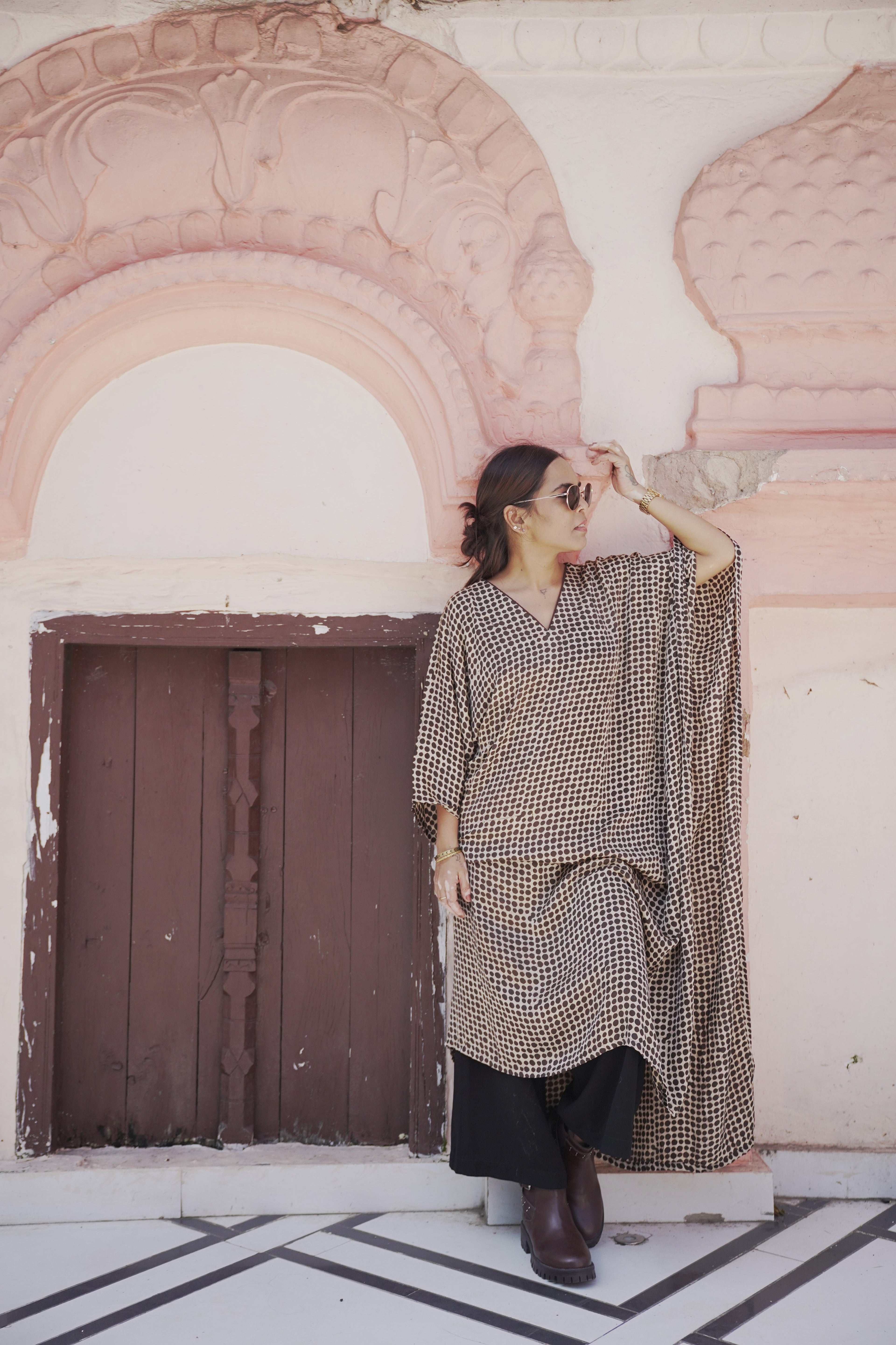 Jugni - Brown Polka Dots Silk Kaftan