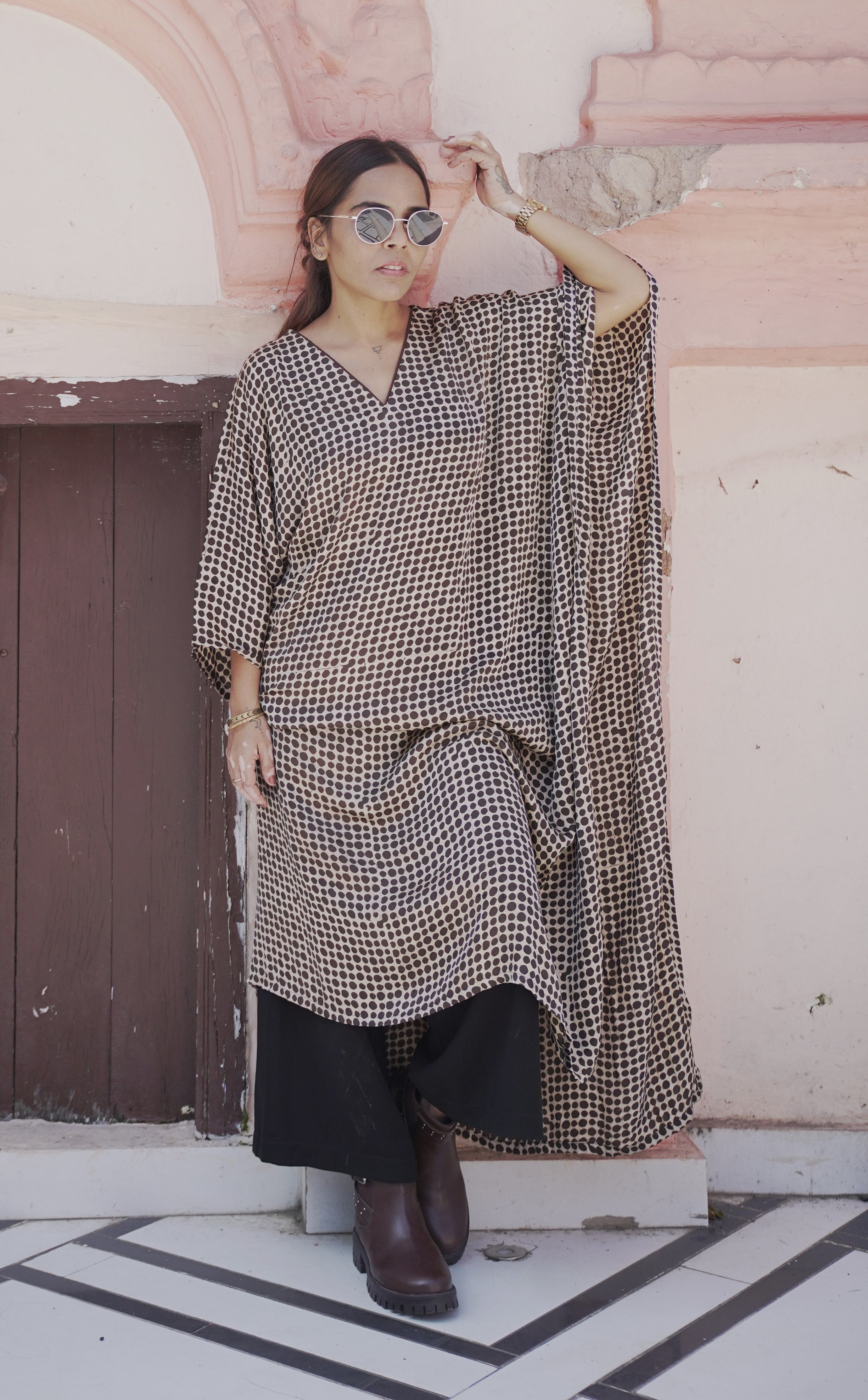 Jugni - Brown Polka Dots Silk Kaftan