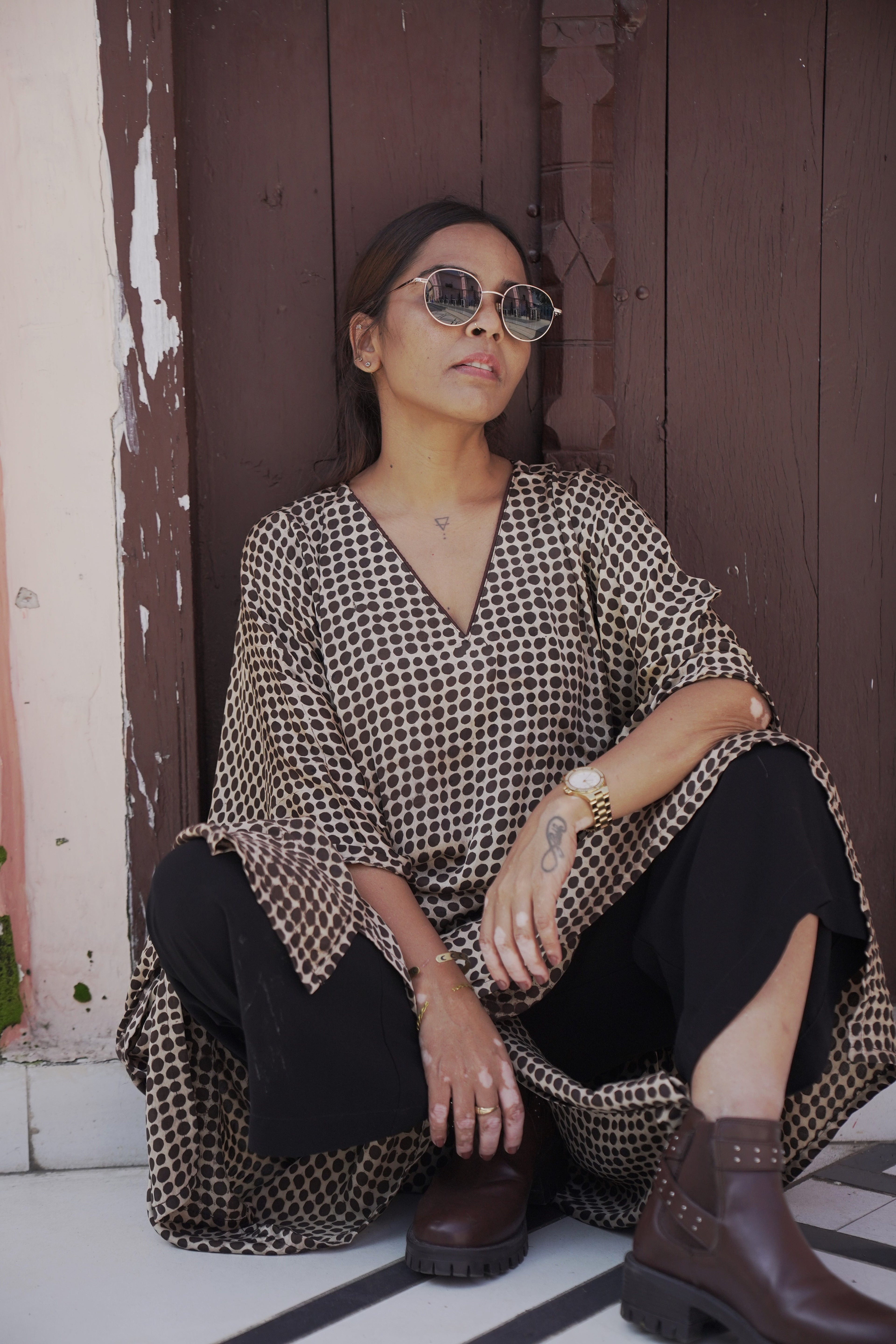 Jugni - Brown Polka Dots Silk Kaftan