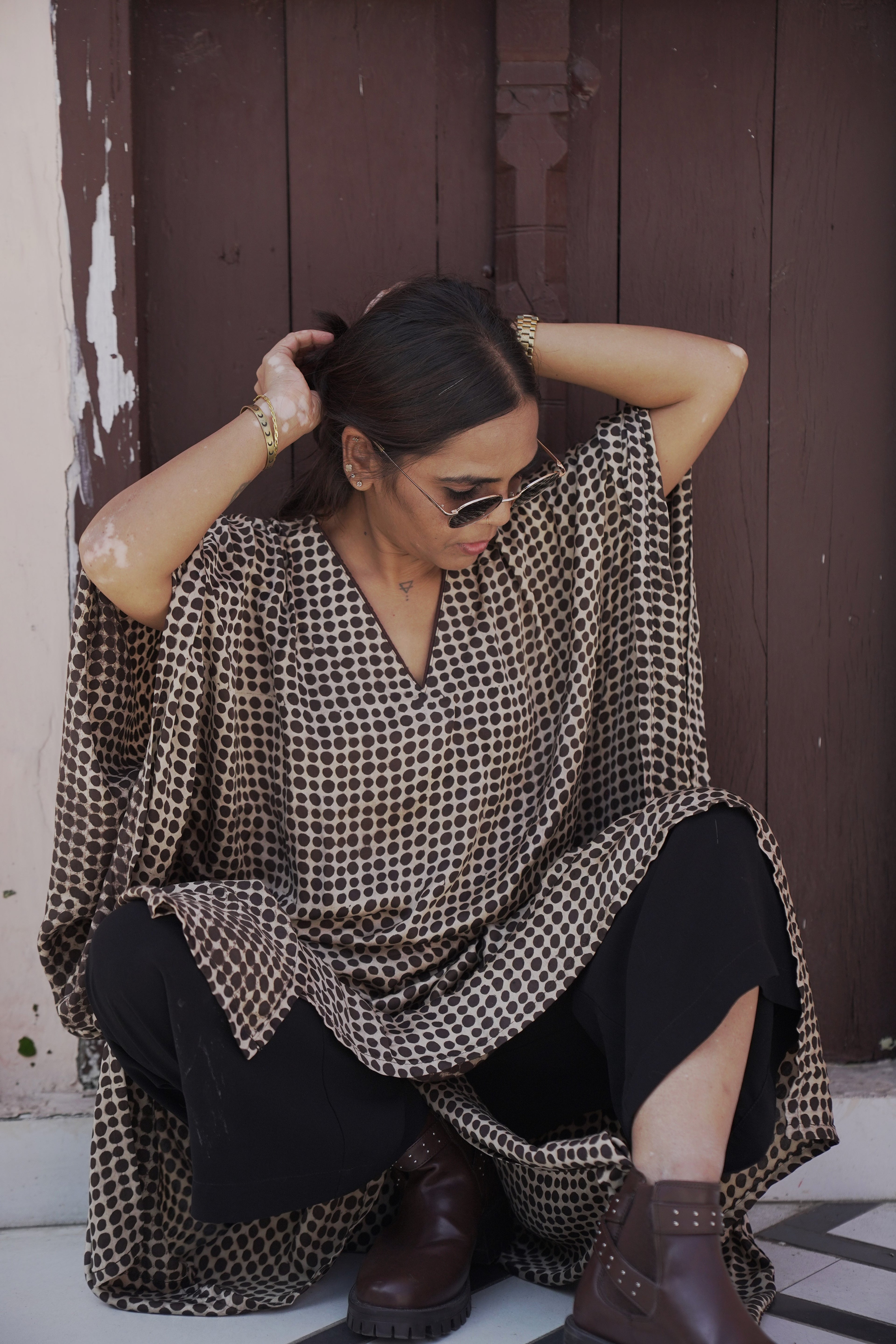 Jugni - Brown Polka Dots Silk Kaftan