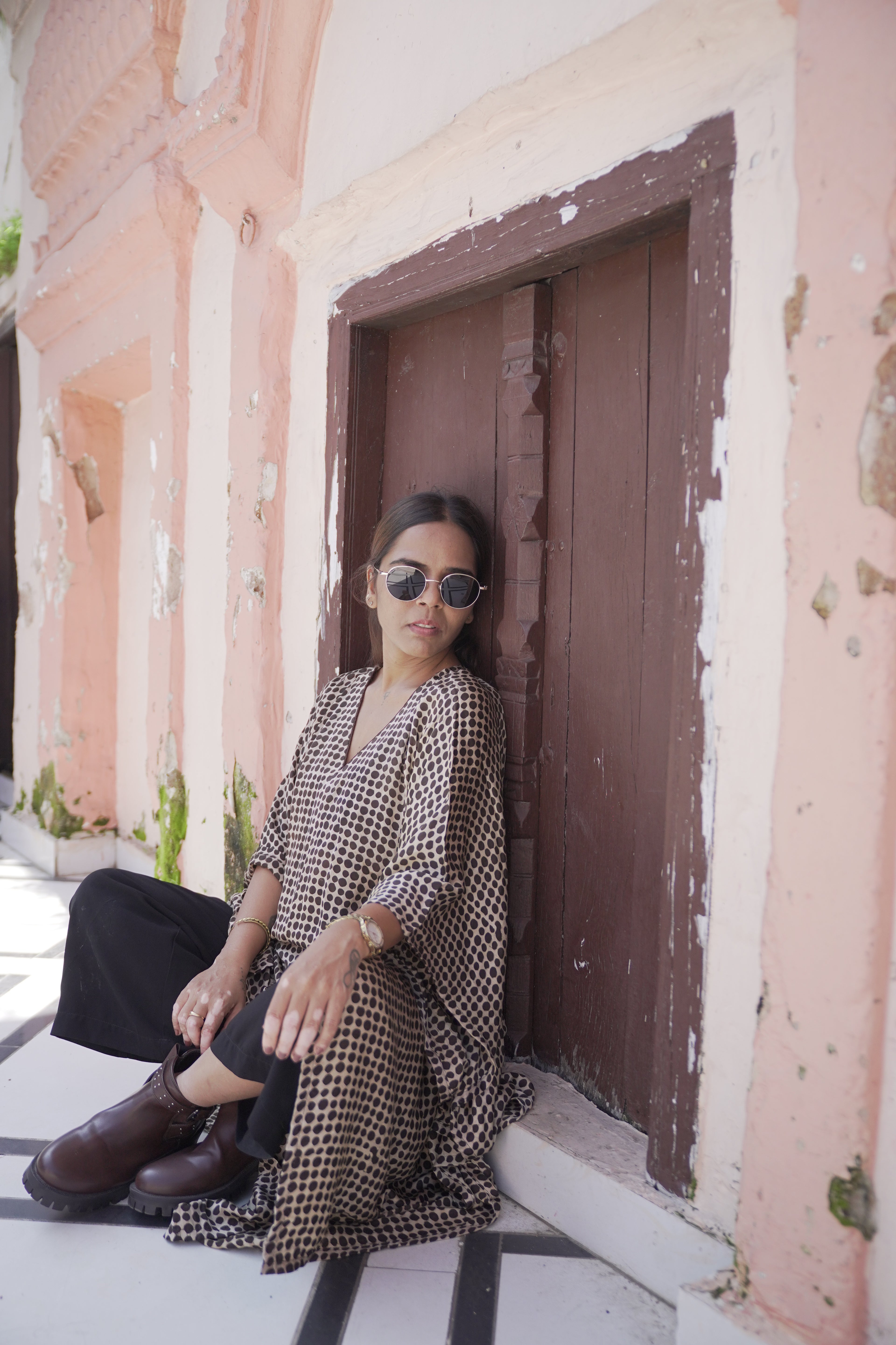 Jugni - Brown Polka Dots Silk Kaftan