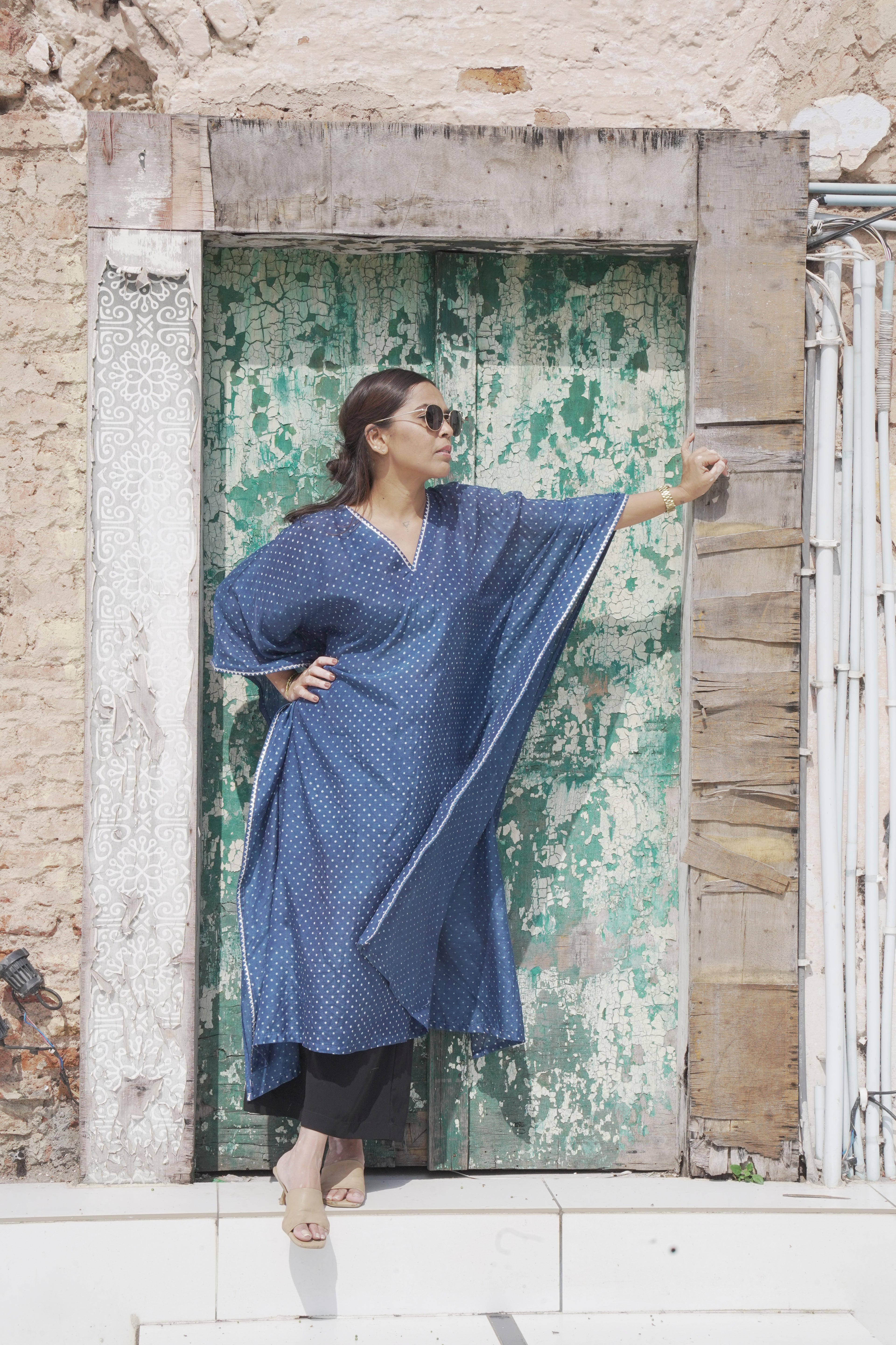 Jugni - Blue Banana Silk Kaftan with White Dots