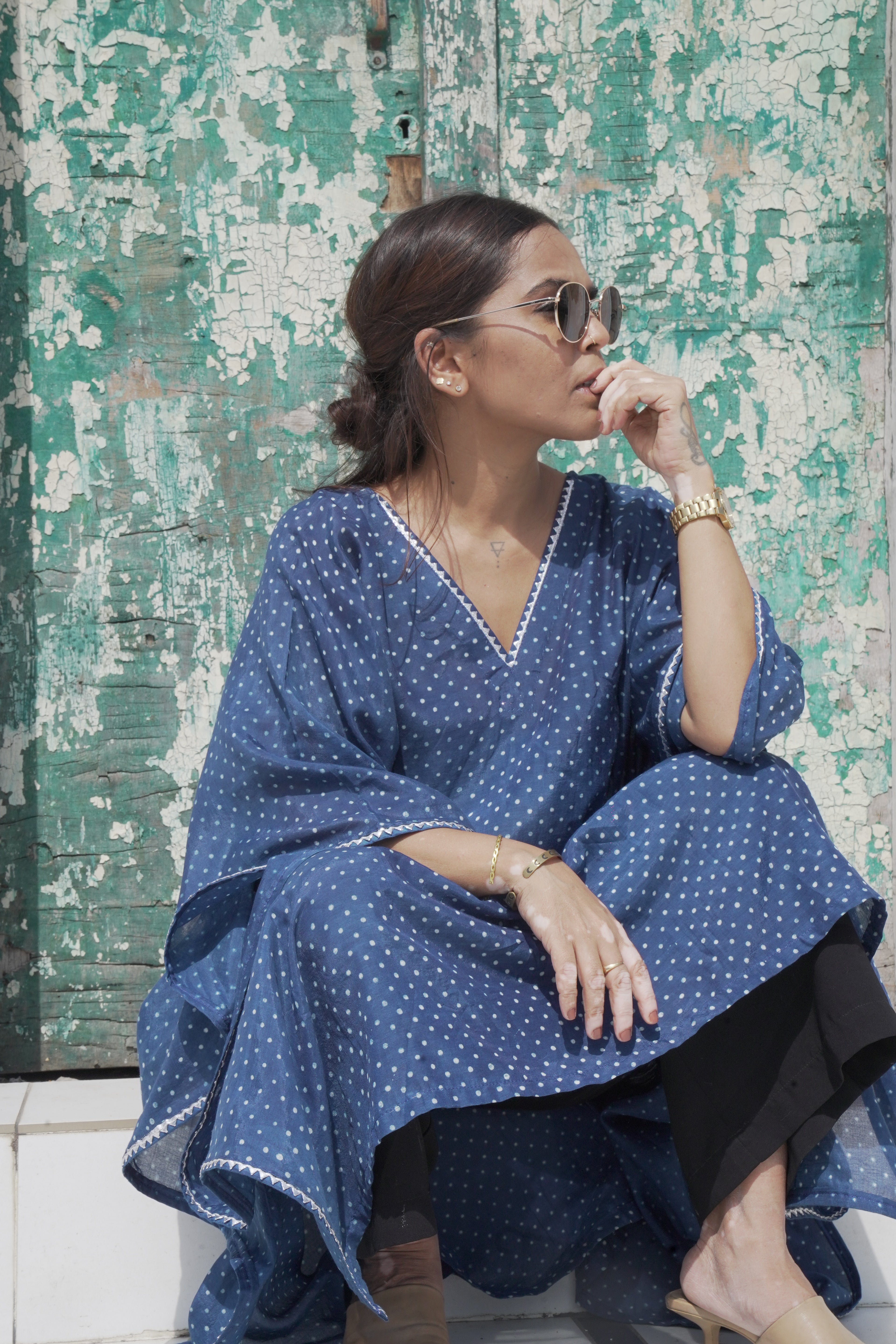 Jugni - Blue Banana Silk Kaftan with White Dots