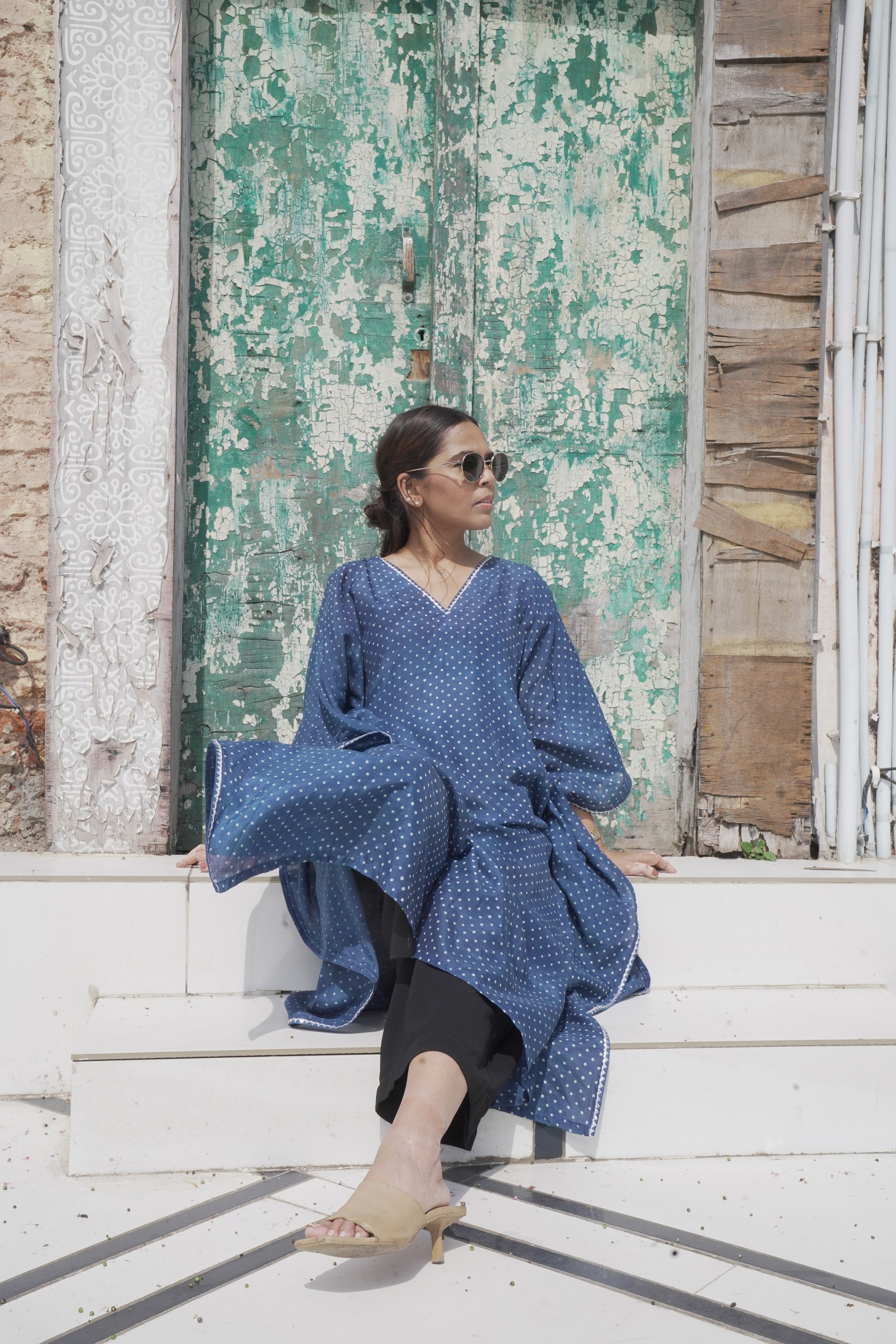 Jugni - Blue Banana Silk Kaftan with White Dots