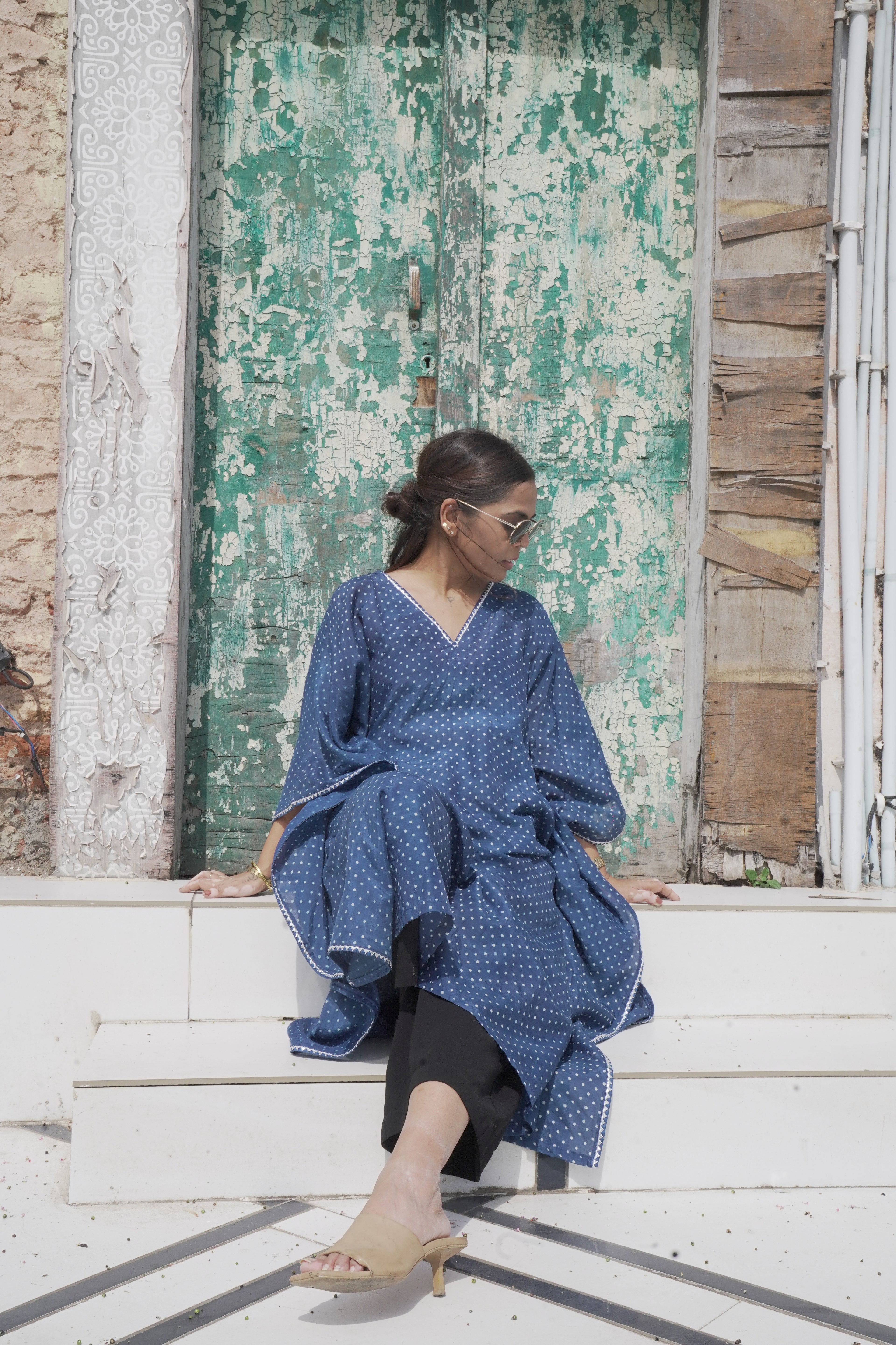 Jugni - Blue Banana Silk Kaftan with White Dots
