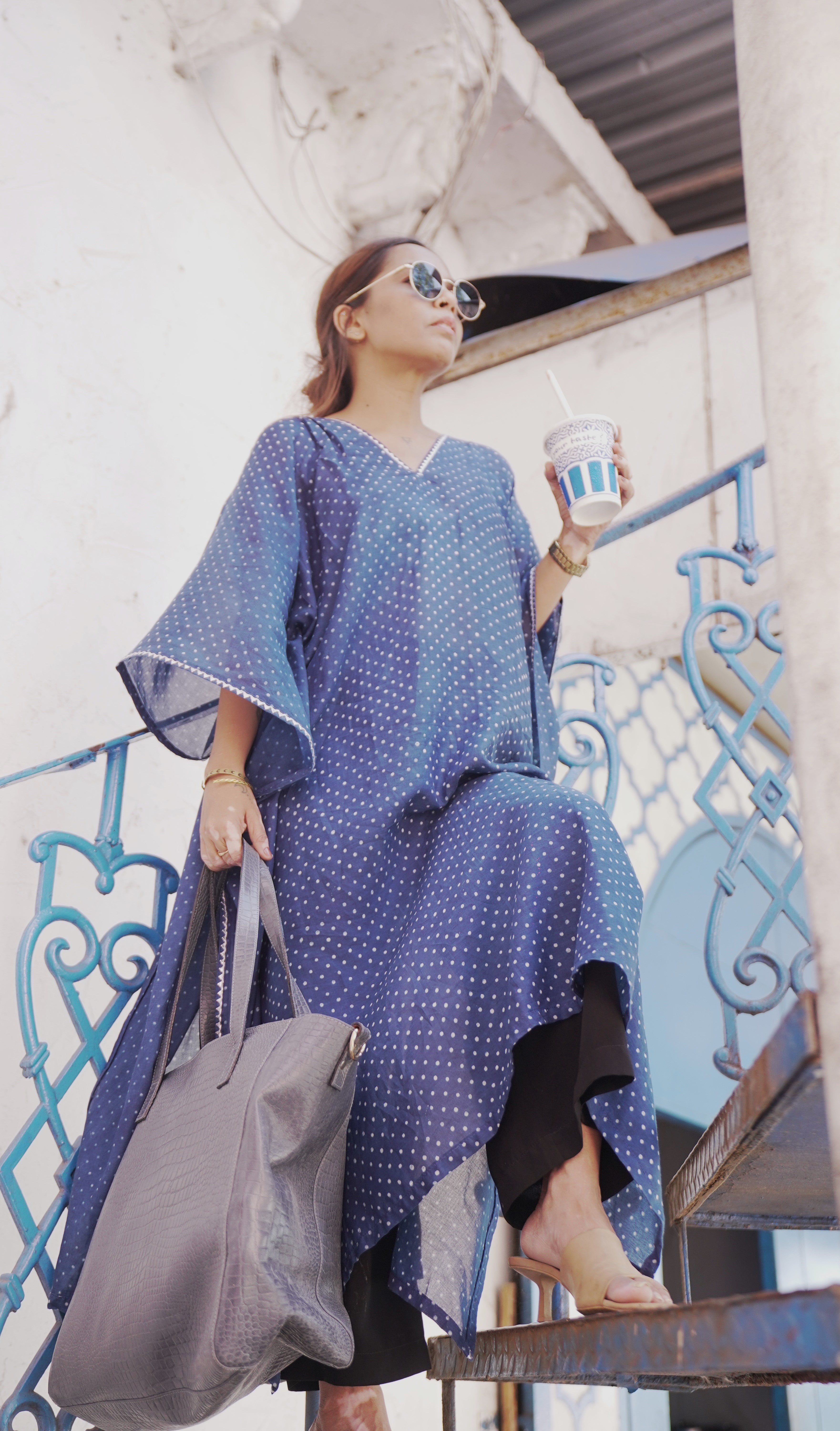 Jugni - Blue Banana Silk Kaftan with White Dots