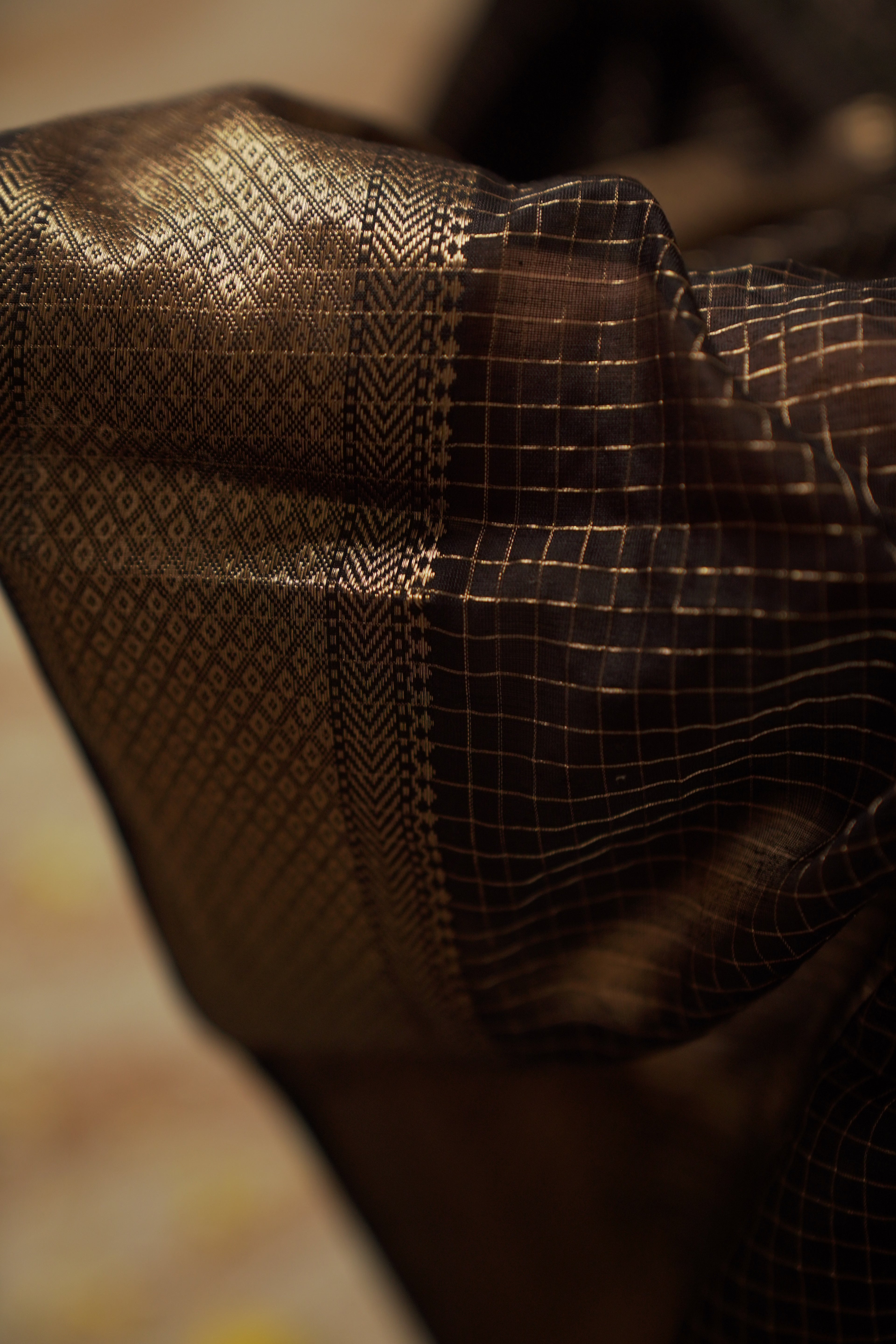 त्यौहार - Black Cotton by Silk Handwoven Sari