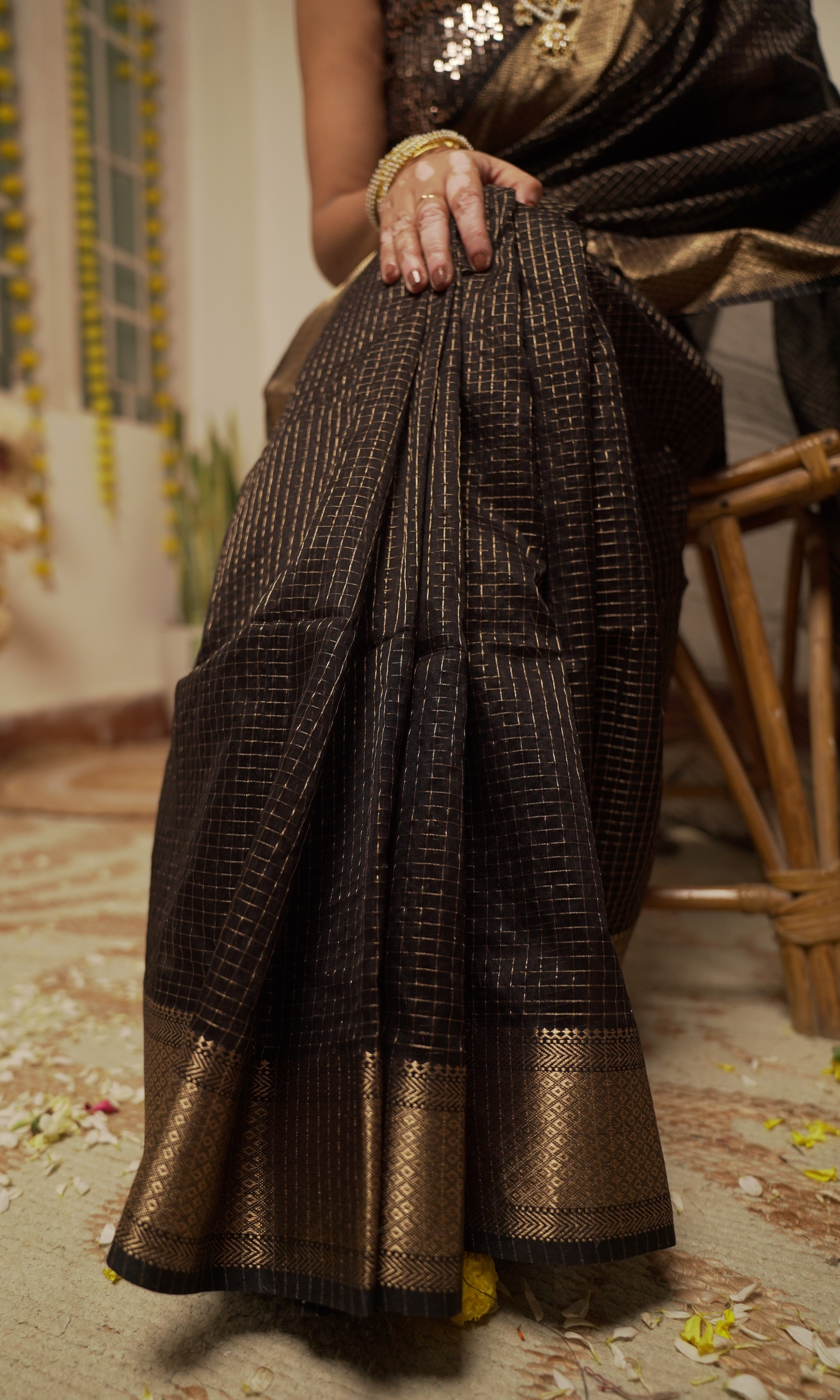 त्यौहार - Black Cotton by Silk Handwoven Sari