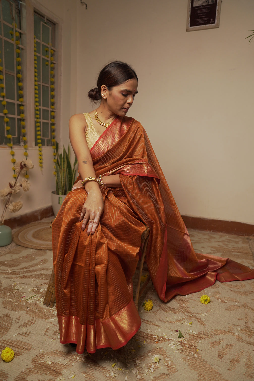 त्यौहार - Rust Orange Cotton by Silk Handwoven Sari with Zari Checks