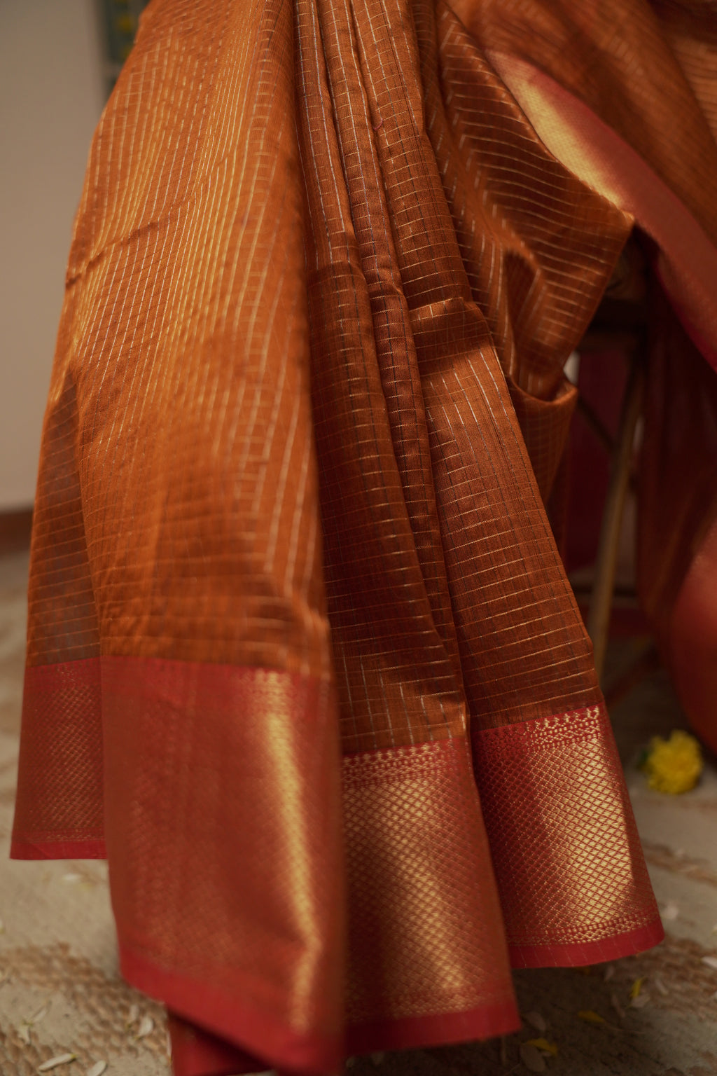 त्यौहार - Rust Orange Cotton by Silk Handwoven Sari with Zari Checks
