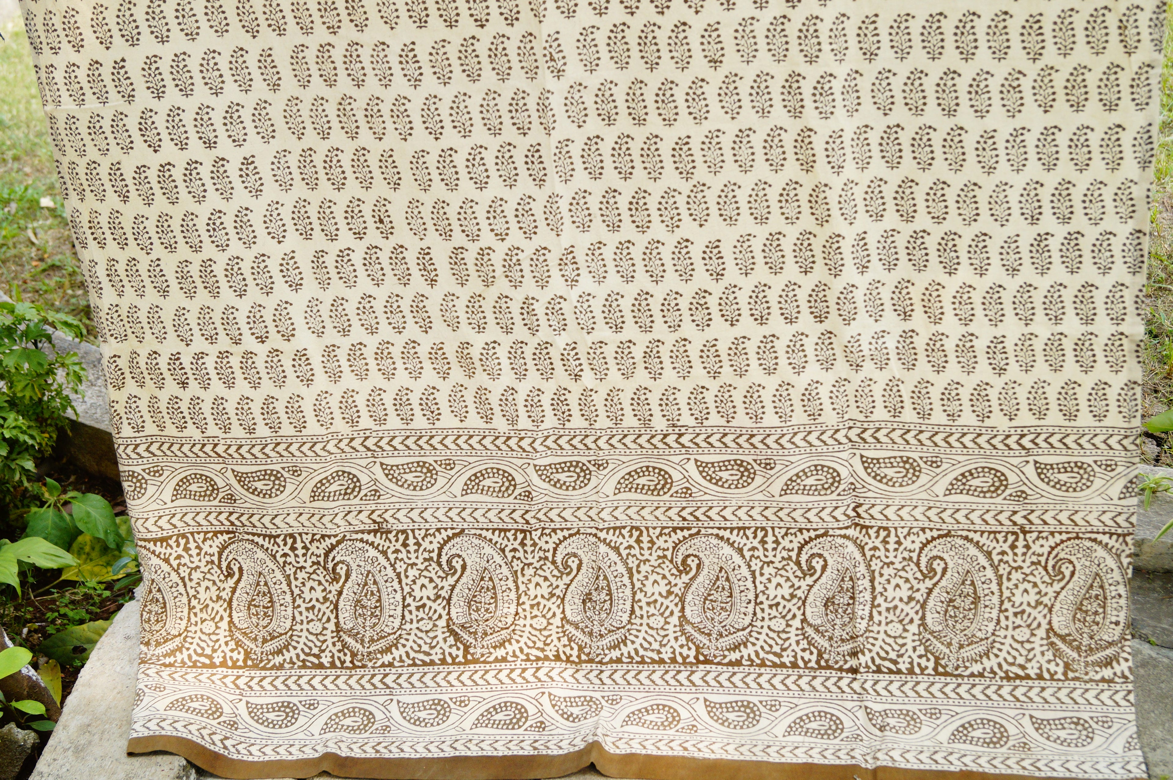 Off-white cotton curtain with olive green paisley prints(Made to order)