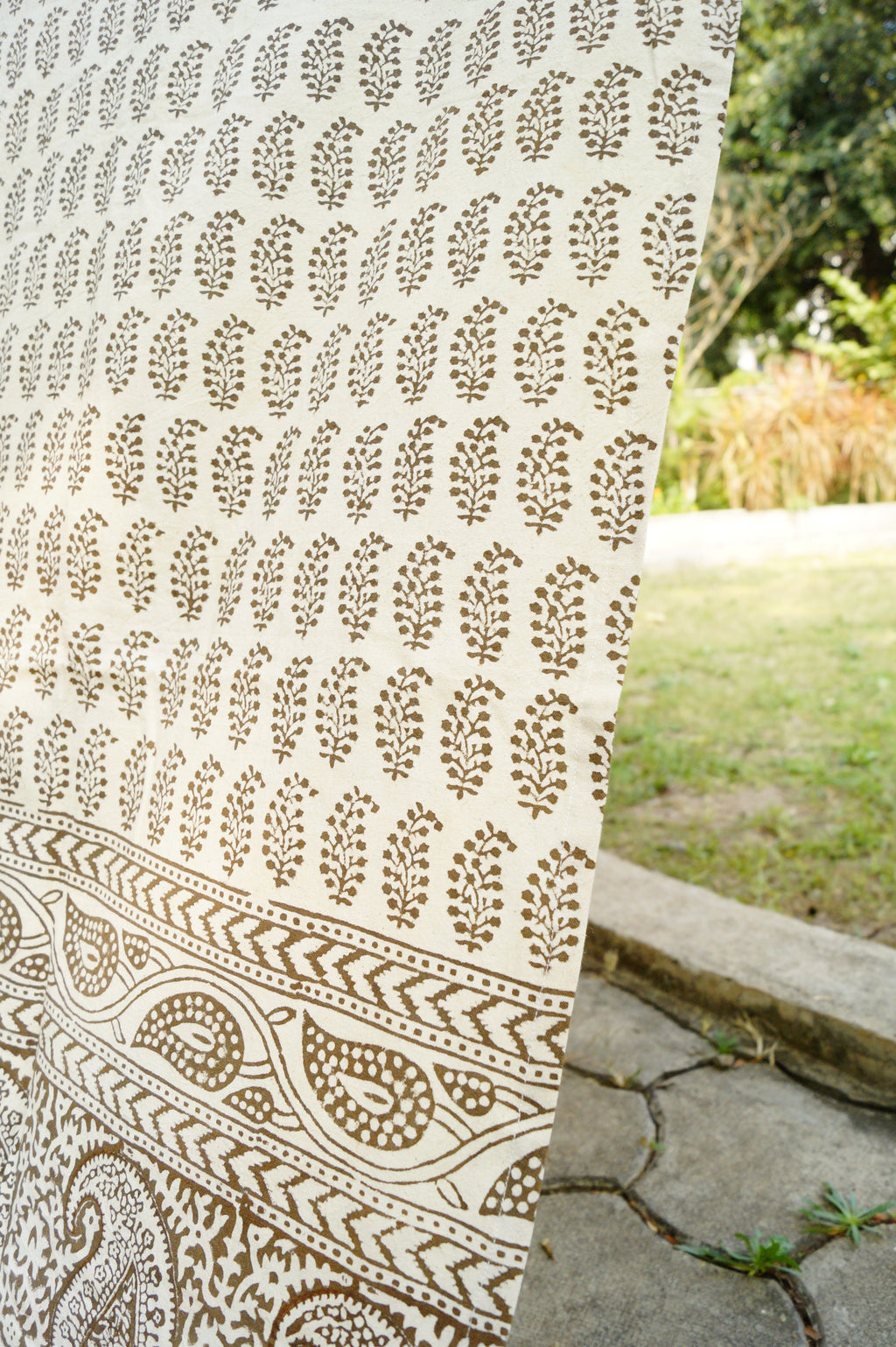 Off-white cotton curtain with olive green paisley prints(Made to order)