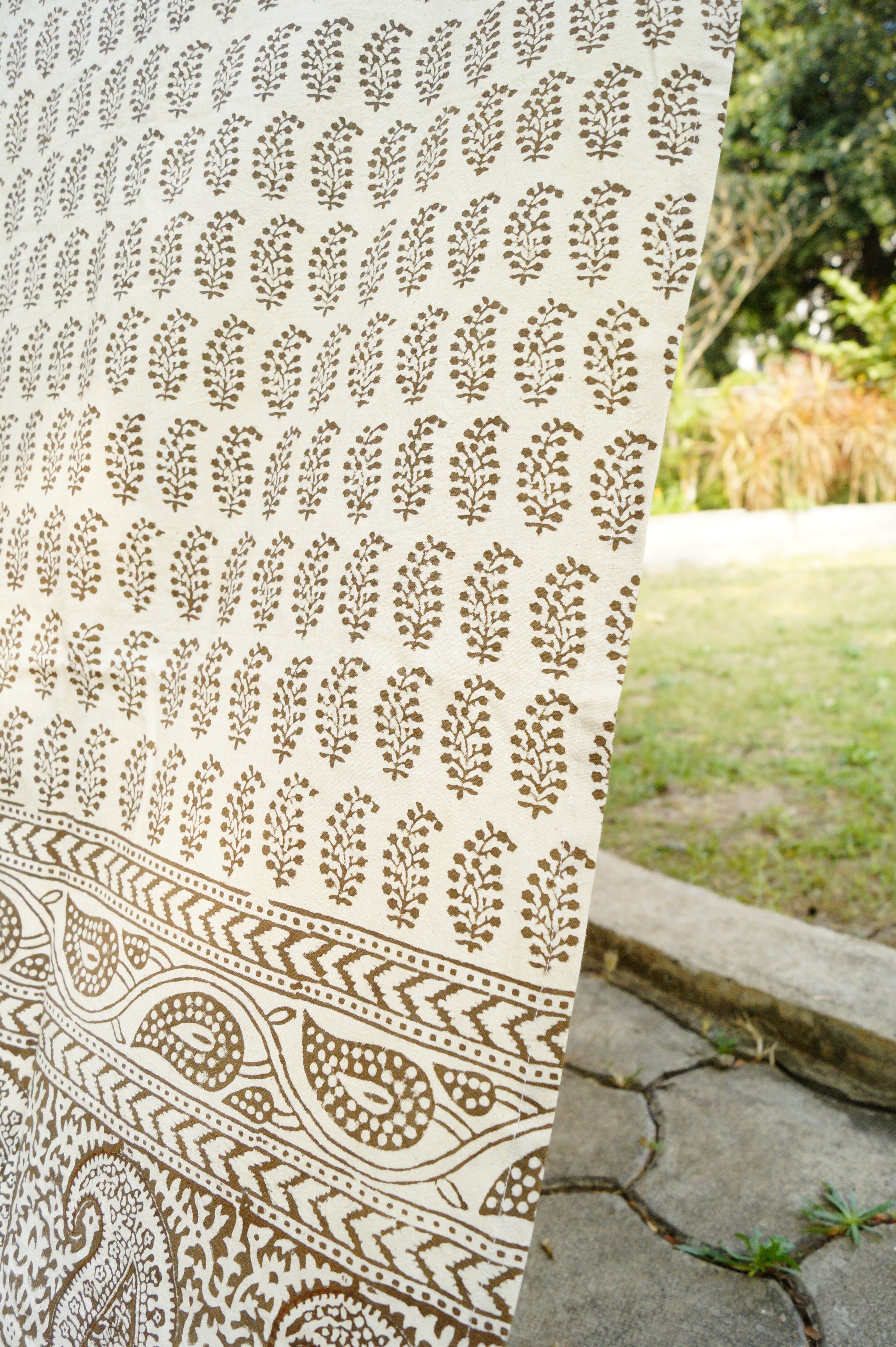 Off-white cotton curtain with olive green paisley prints(Made to order)