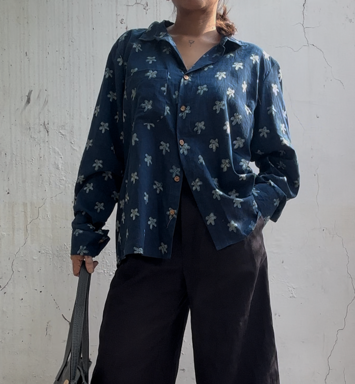 Indigo Floral  Hand Block Printed Cotton Shirt