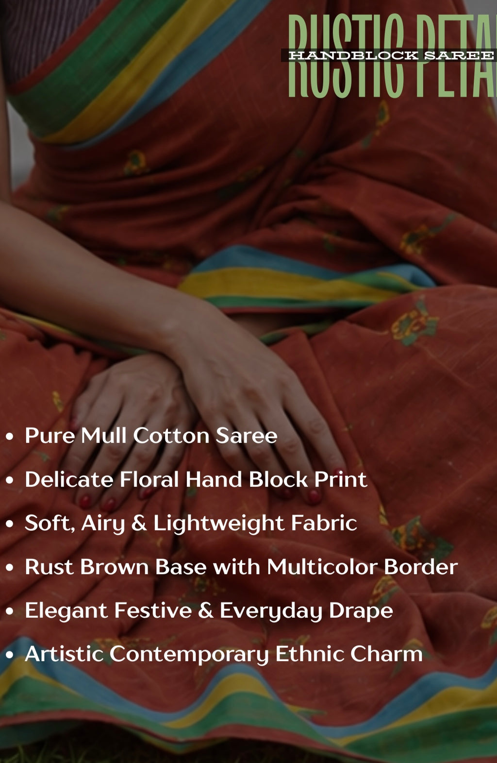 Handblock Mul Cotton Saree - Sunflower Rust brown