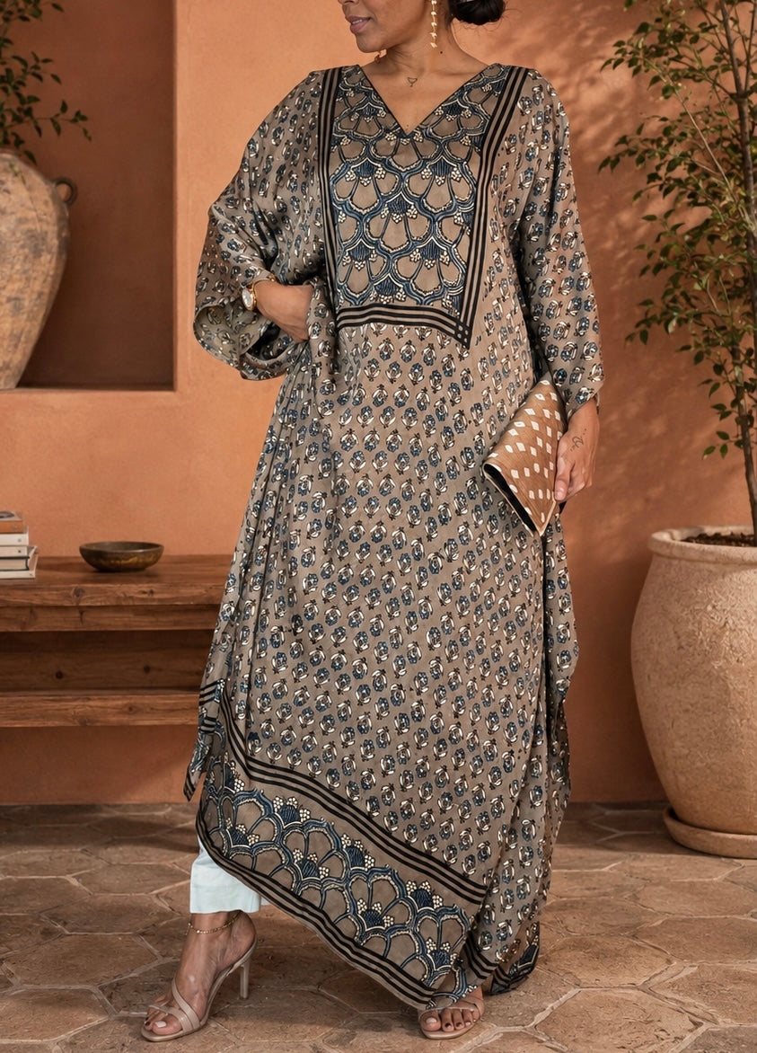 Grey & Blue Ajrakh Modal Silk Kaftan